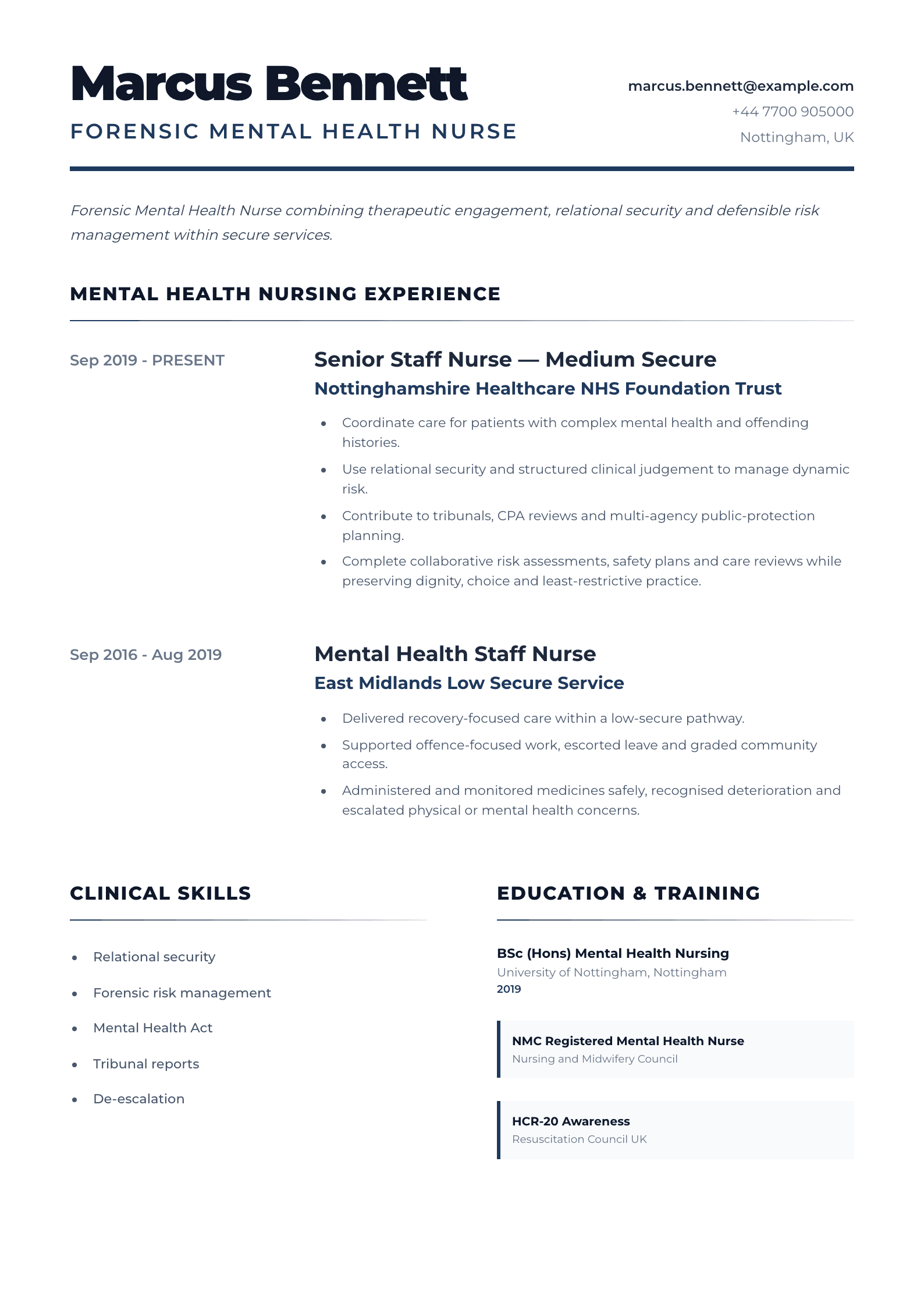 Forensic Mental Health Nurse CV template