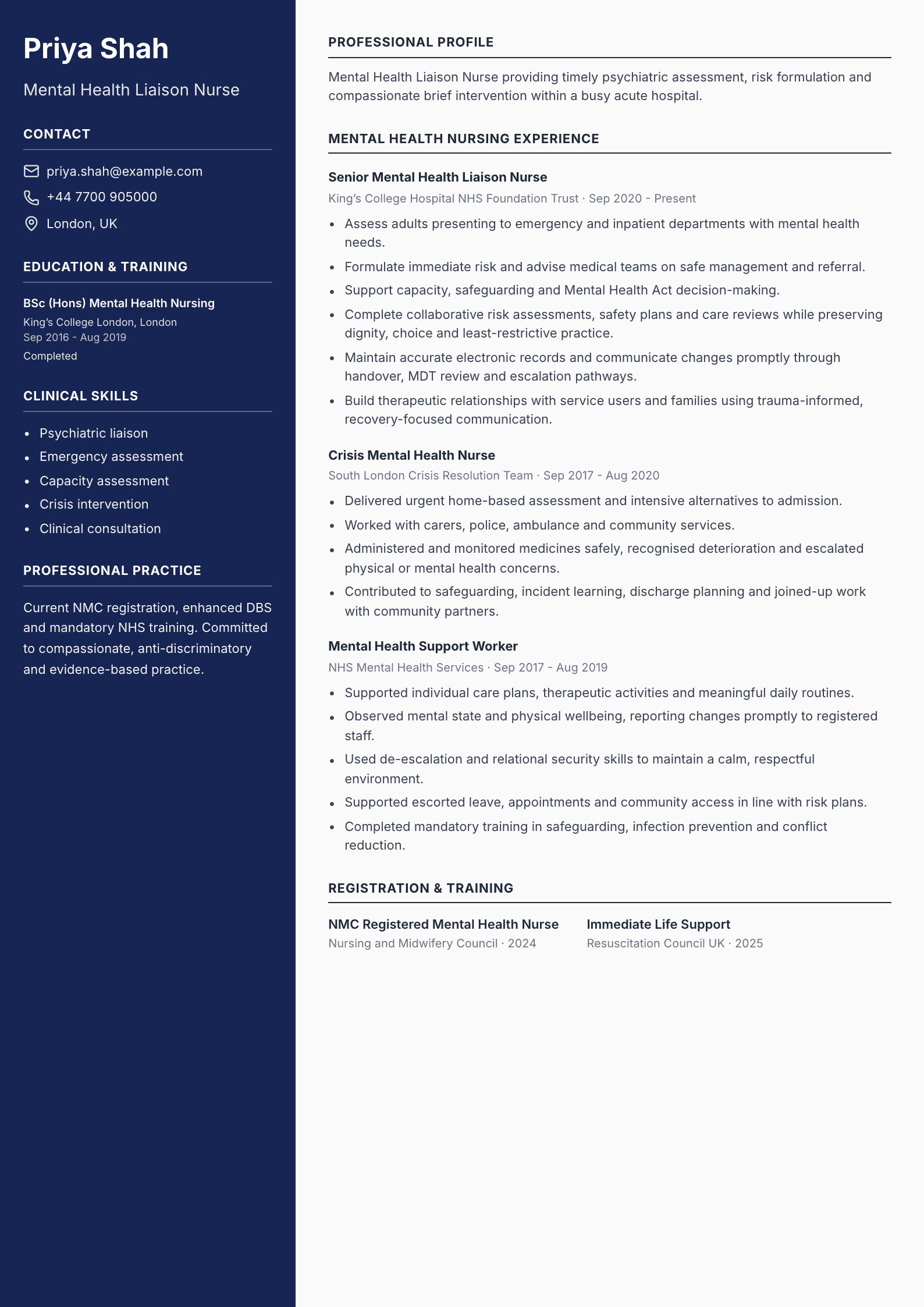 Mental Health Liaison Nurse CV template