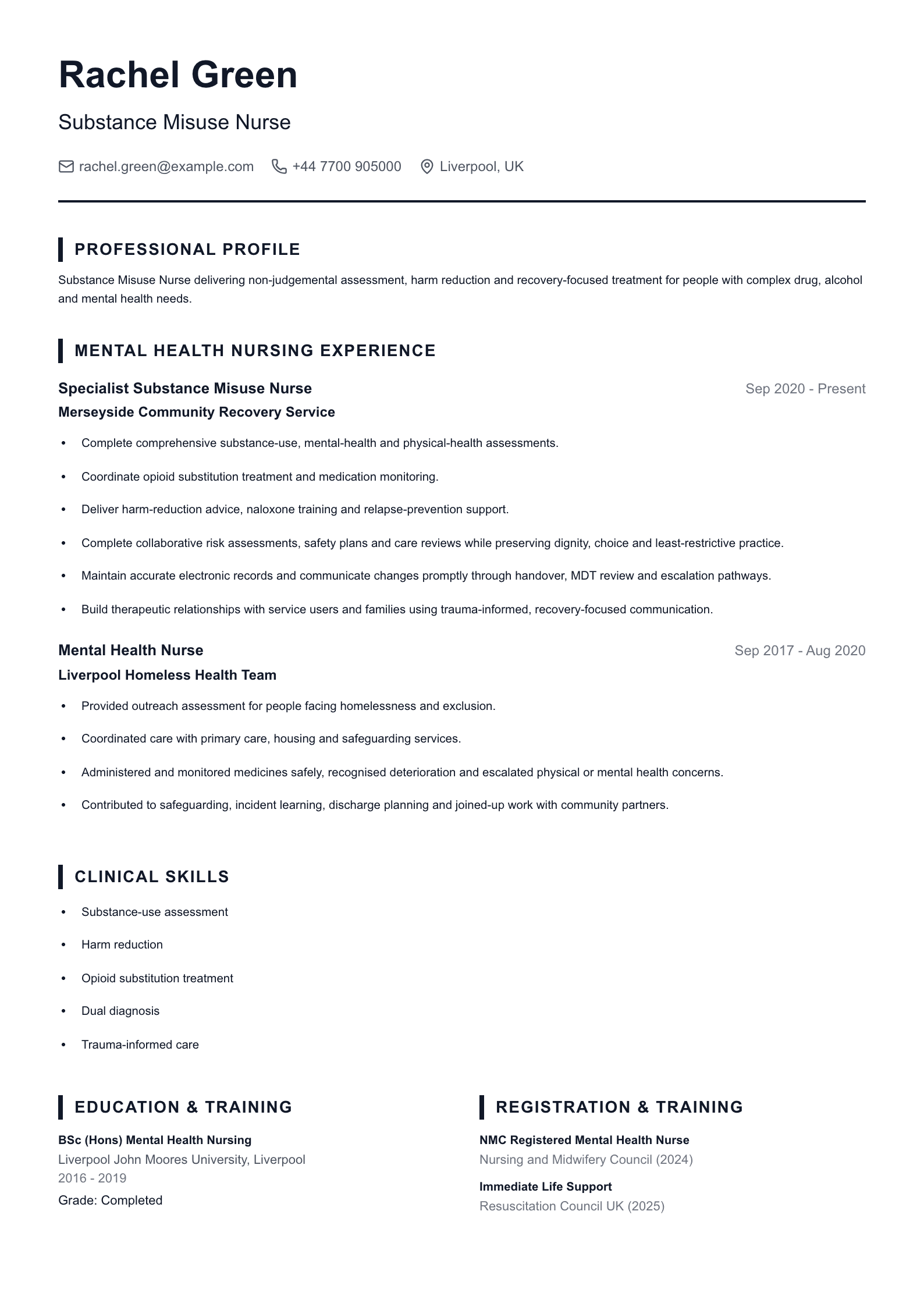 Substance Misuse Nurse CV template