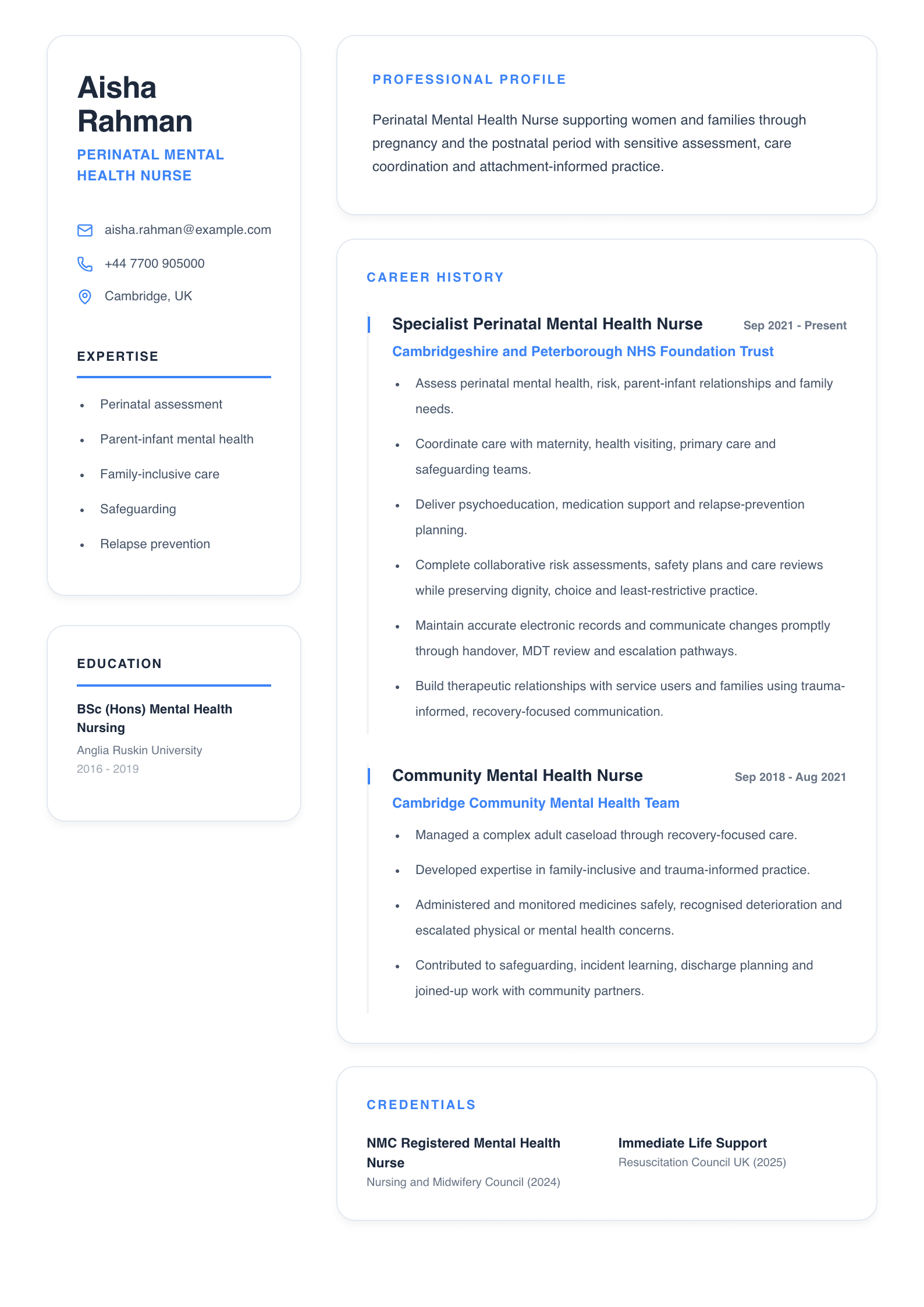 Perinatal Mental Health Nurse CV template