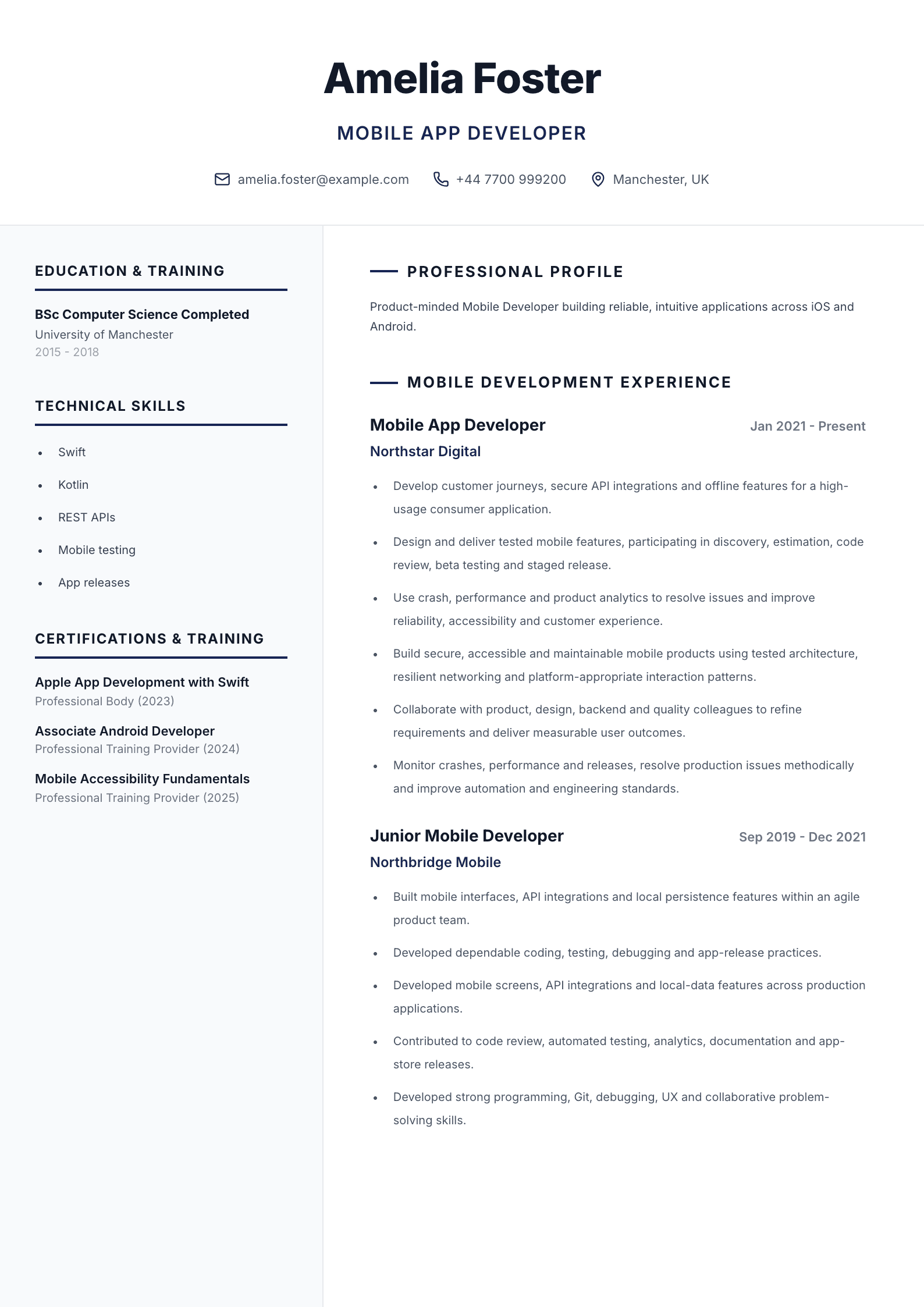 Mobile app developer CV