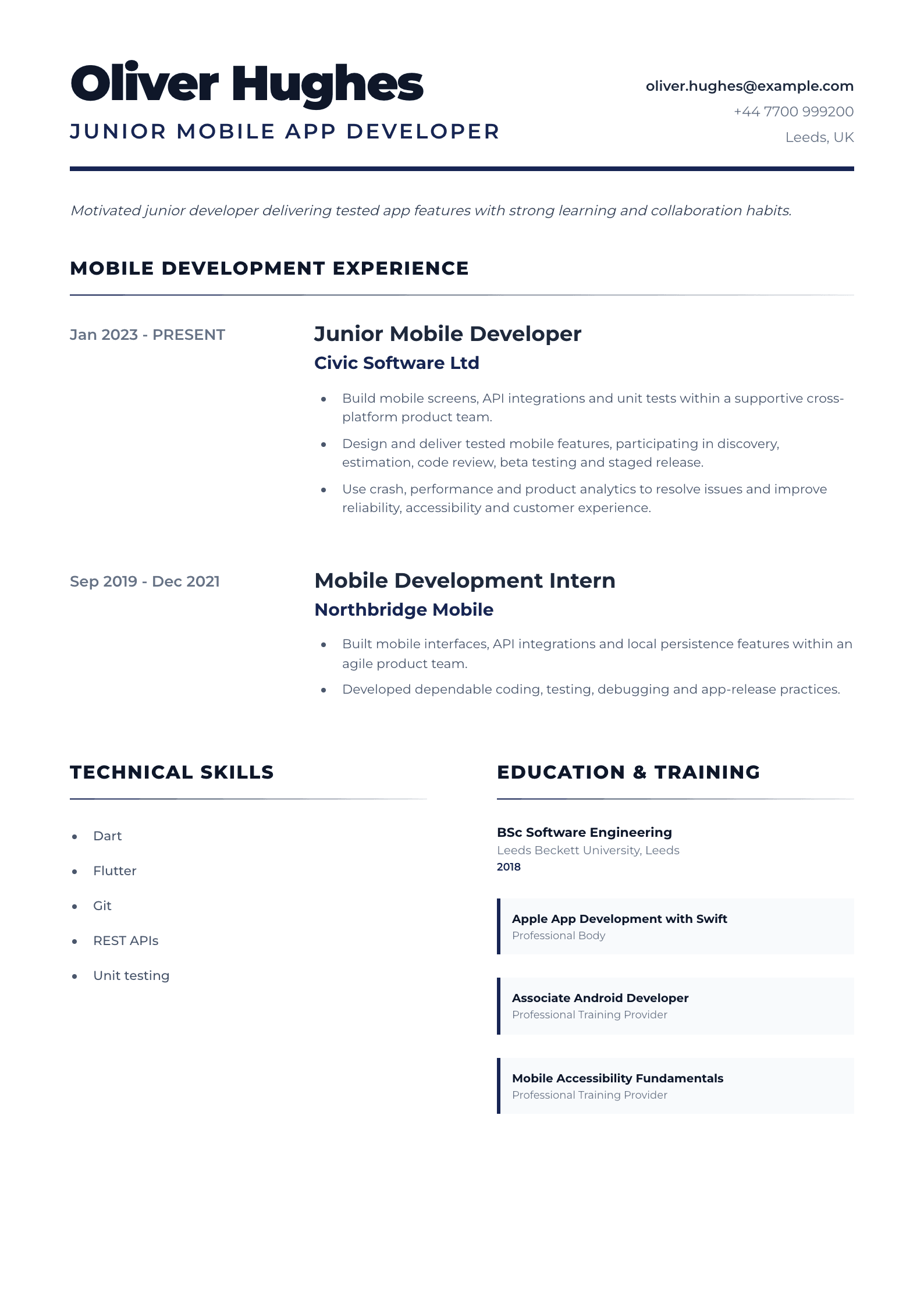 Junior Mobile App Developer CV template