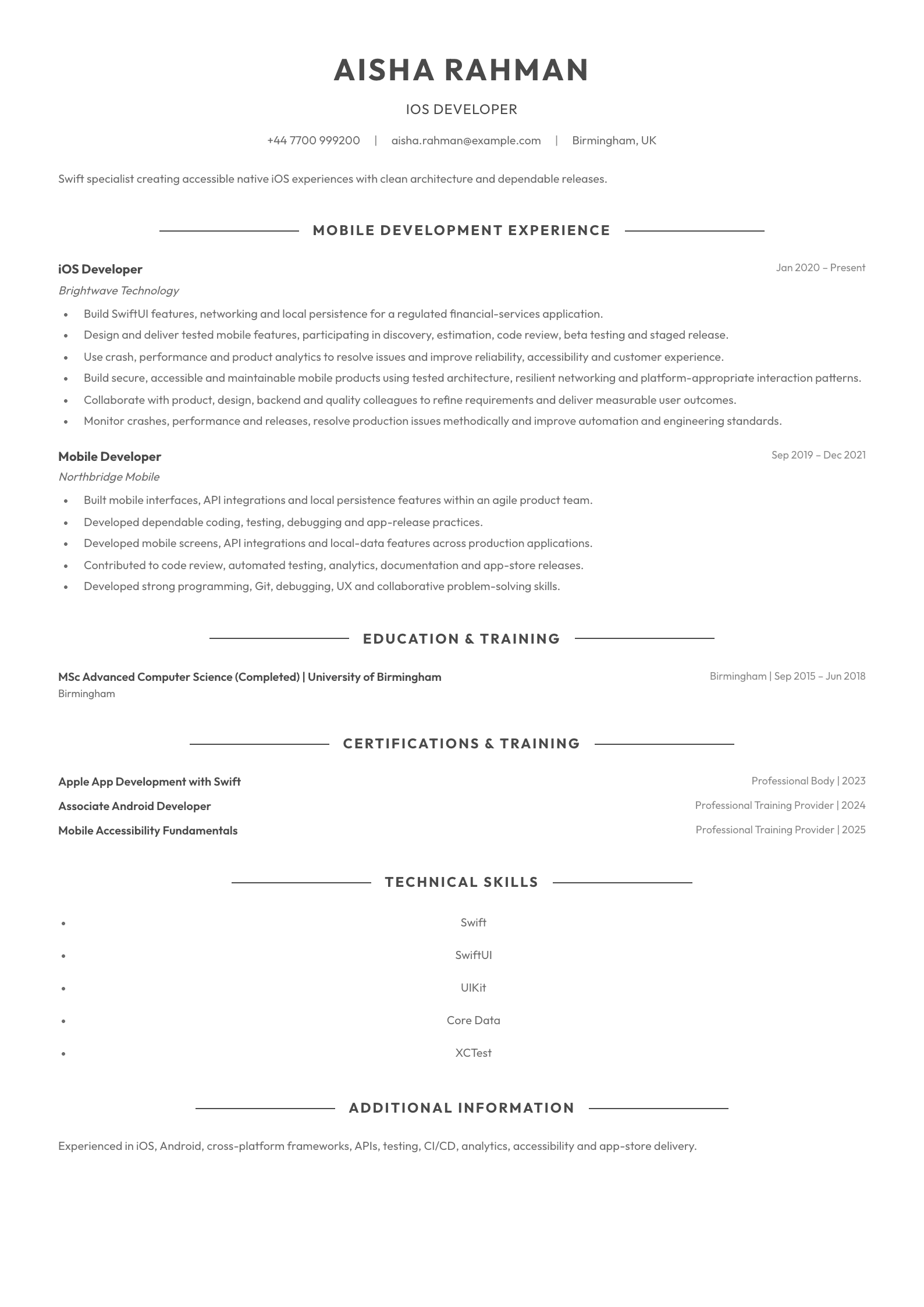 iOS Developer CV template