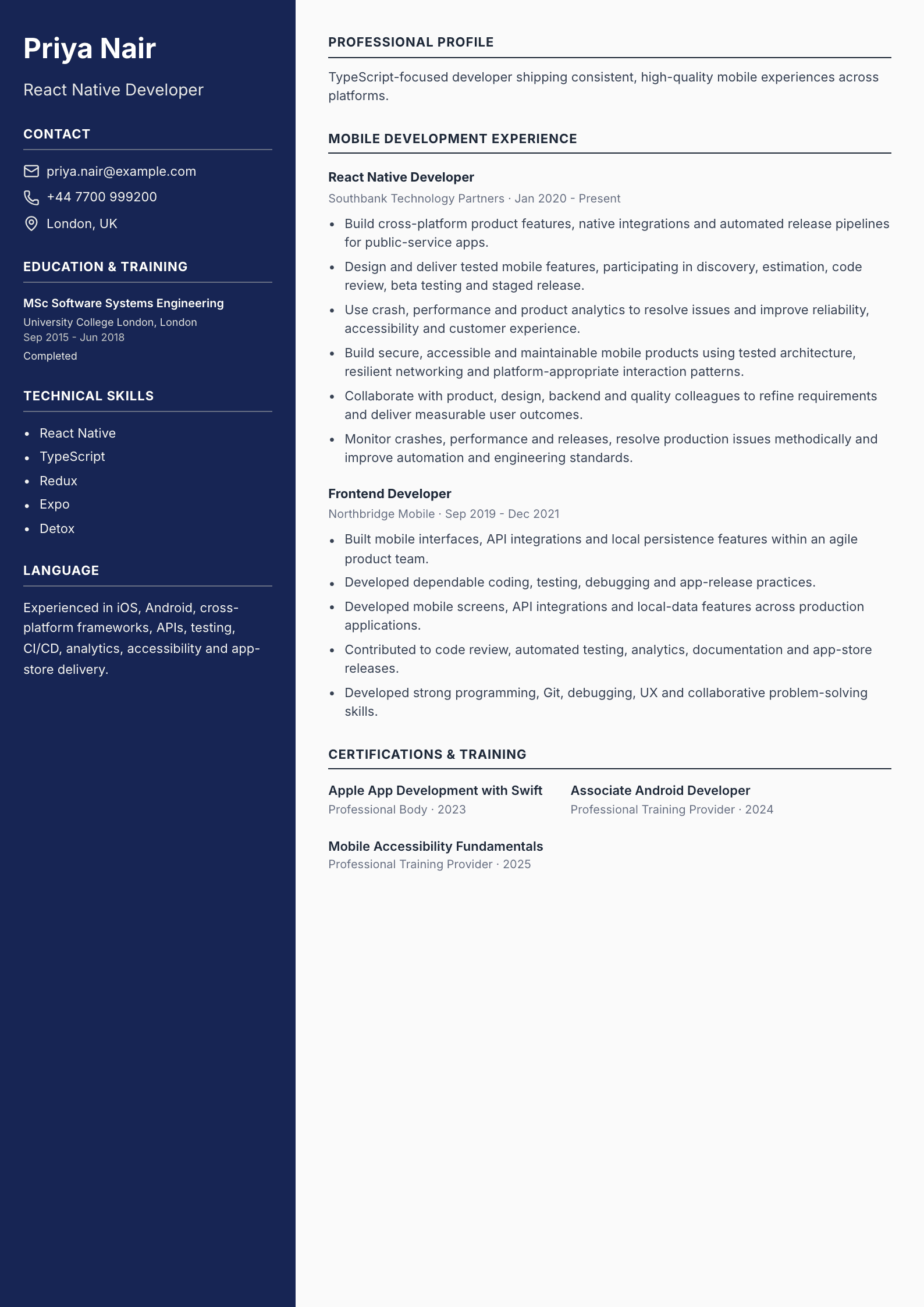 React Native Developer CV template