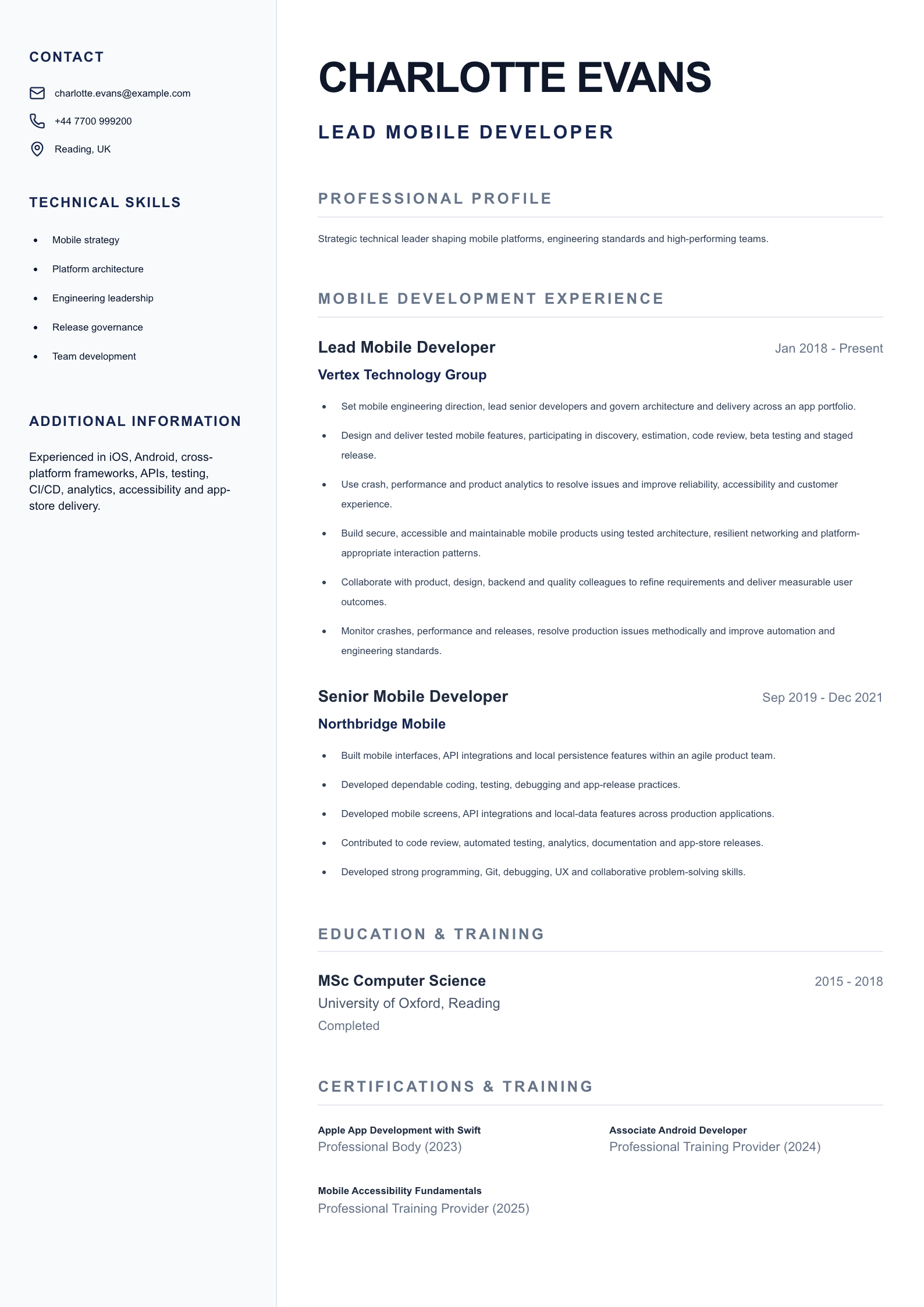 Lead Mobile Developer CV template