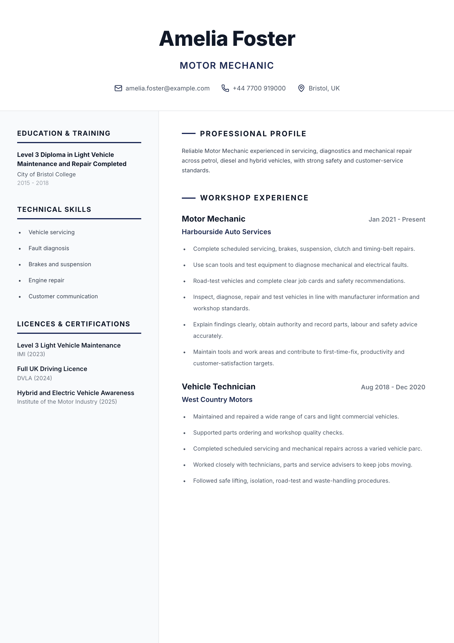 Motor mechanic CV