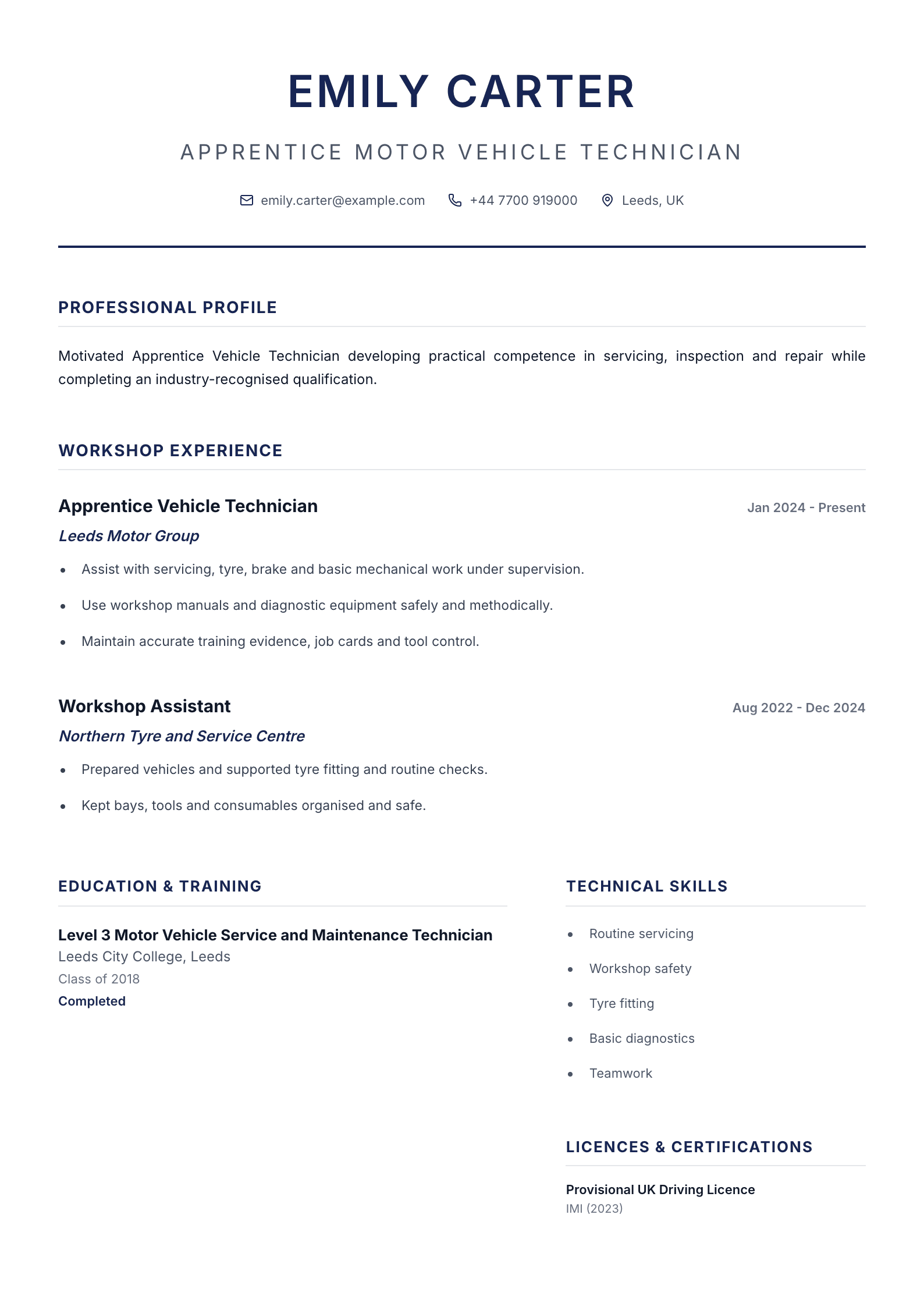 Apprentice Vehicle Technician CV template