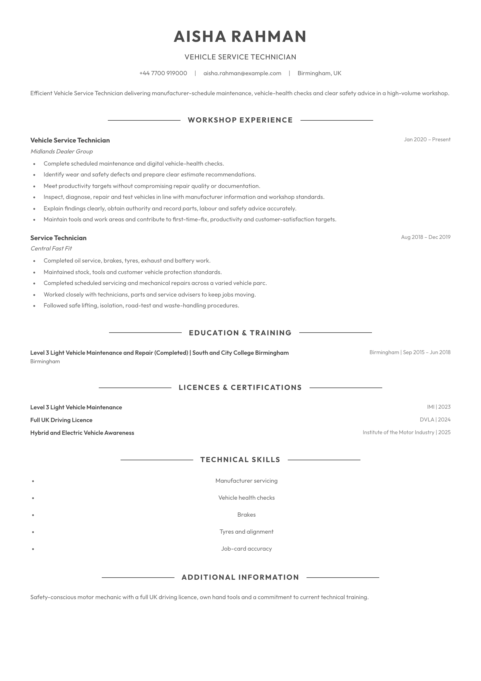 Vehicle Service Technician CV template