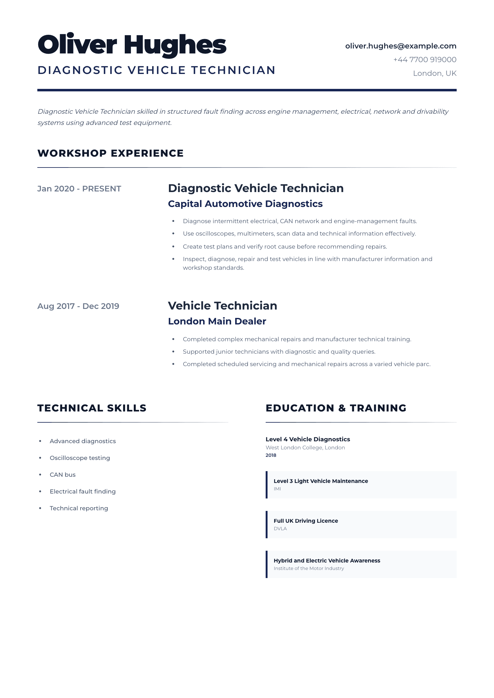 Diagnostic Vehicle Technician CV template
