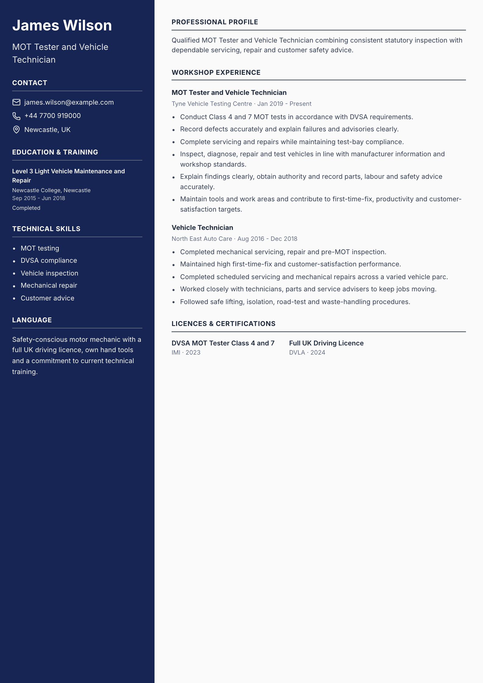MOT Tester and Vehicle Technician CV template