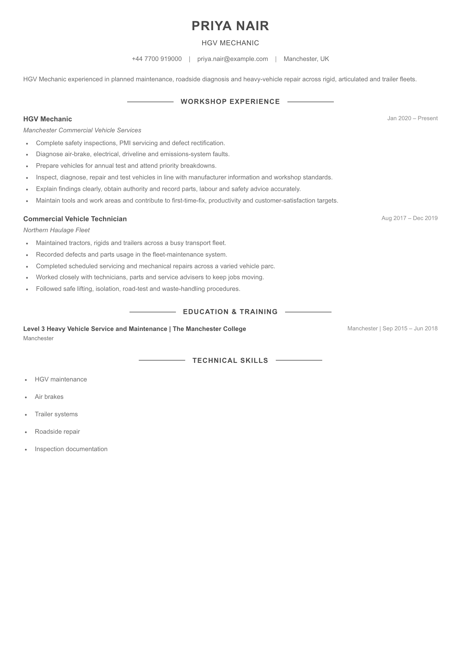 HGV Mechanic CV template