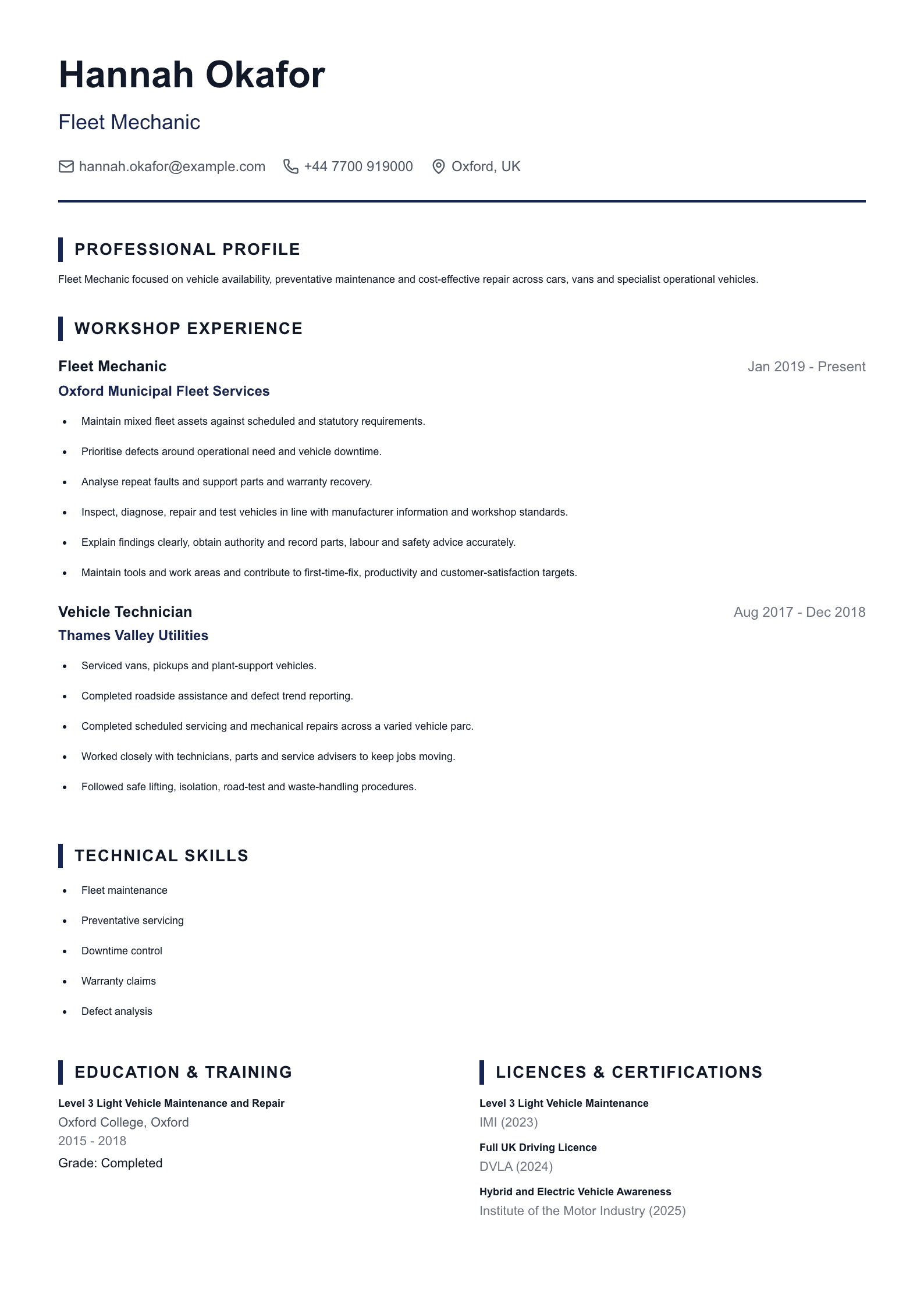 Fleet Mechanic CV template