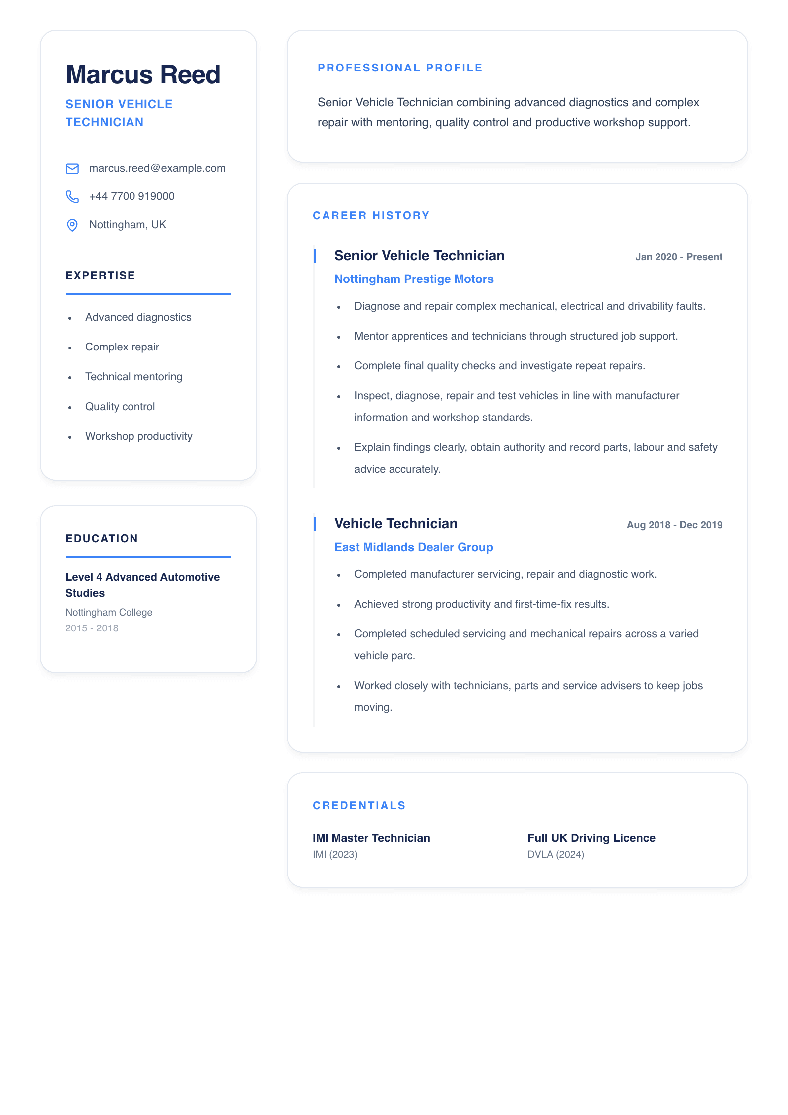 Senior Vehicle Technician CV template