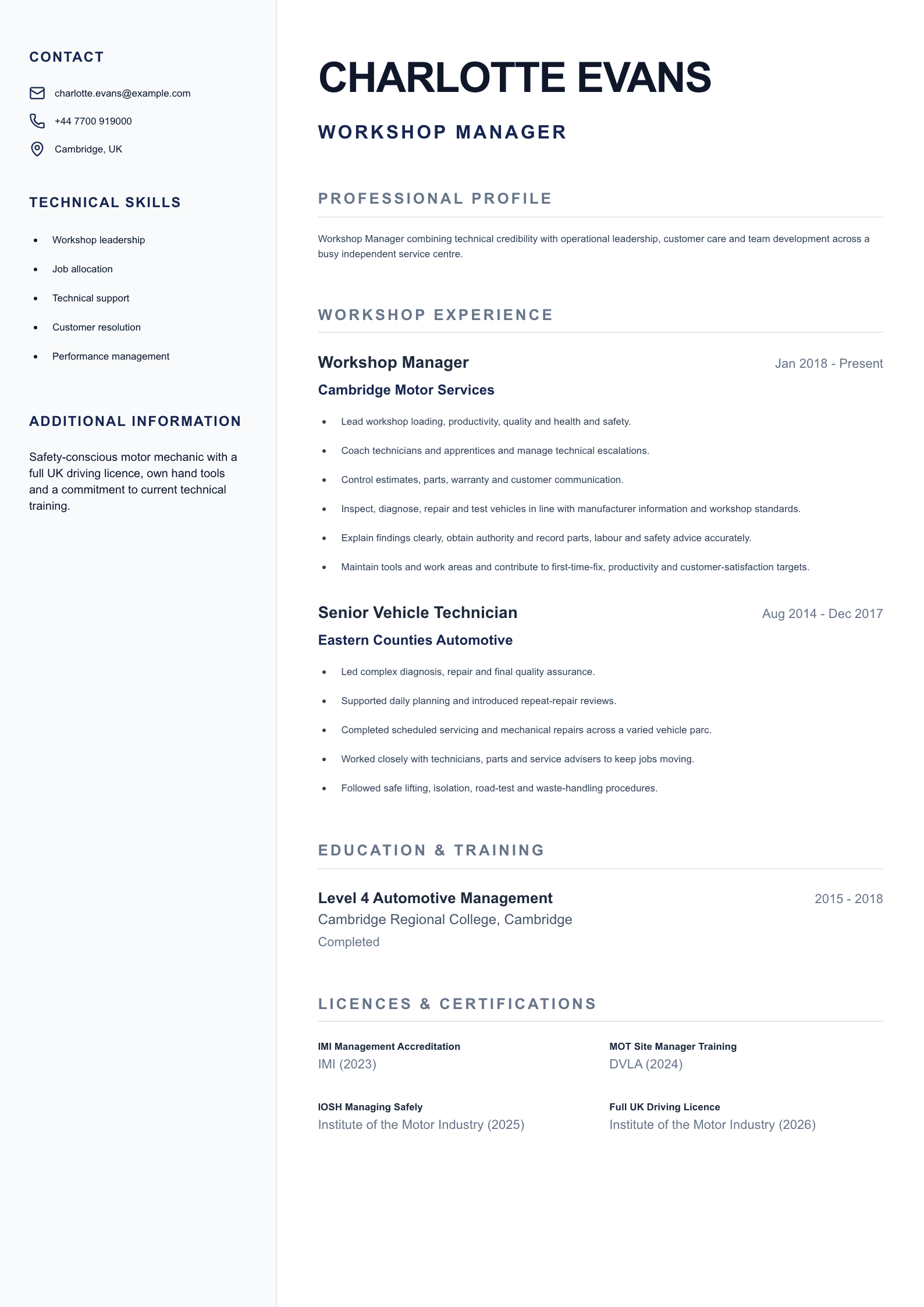 Workshop Manager CV template