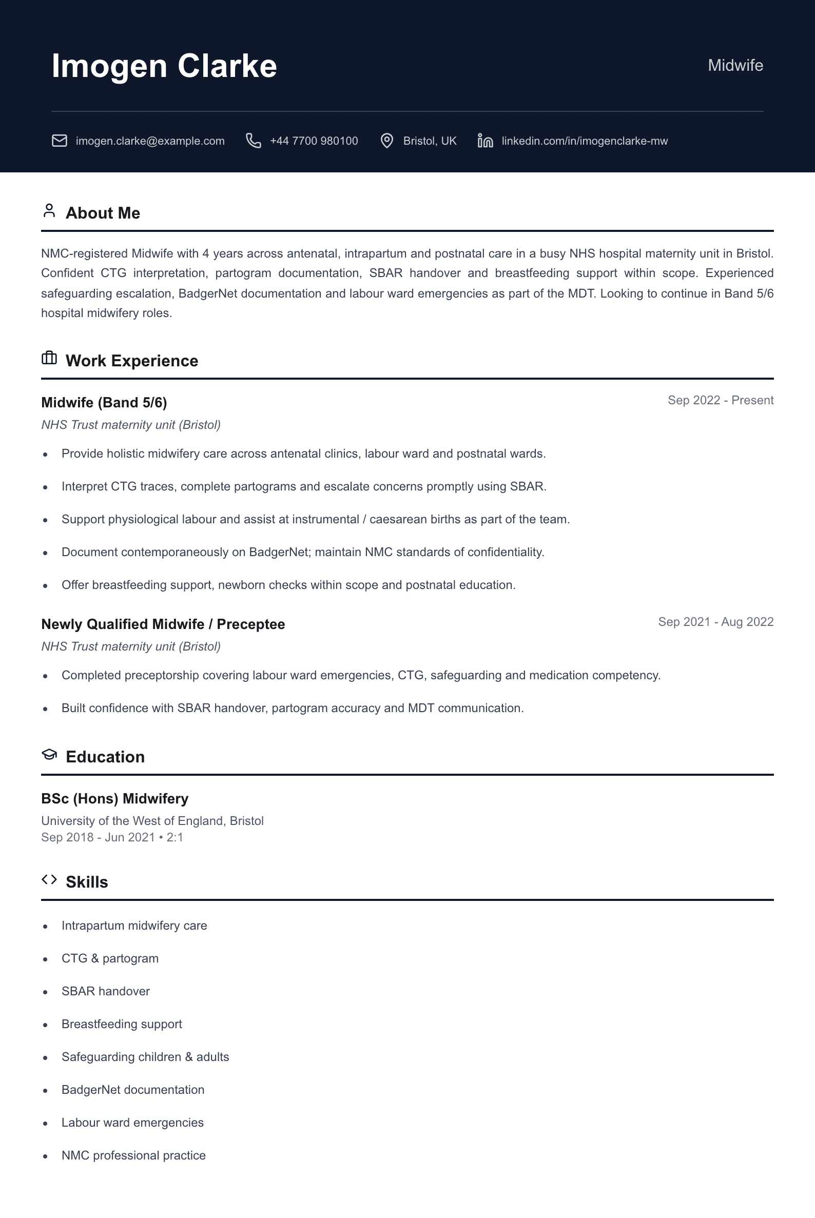 NHS hospital midwife CV template