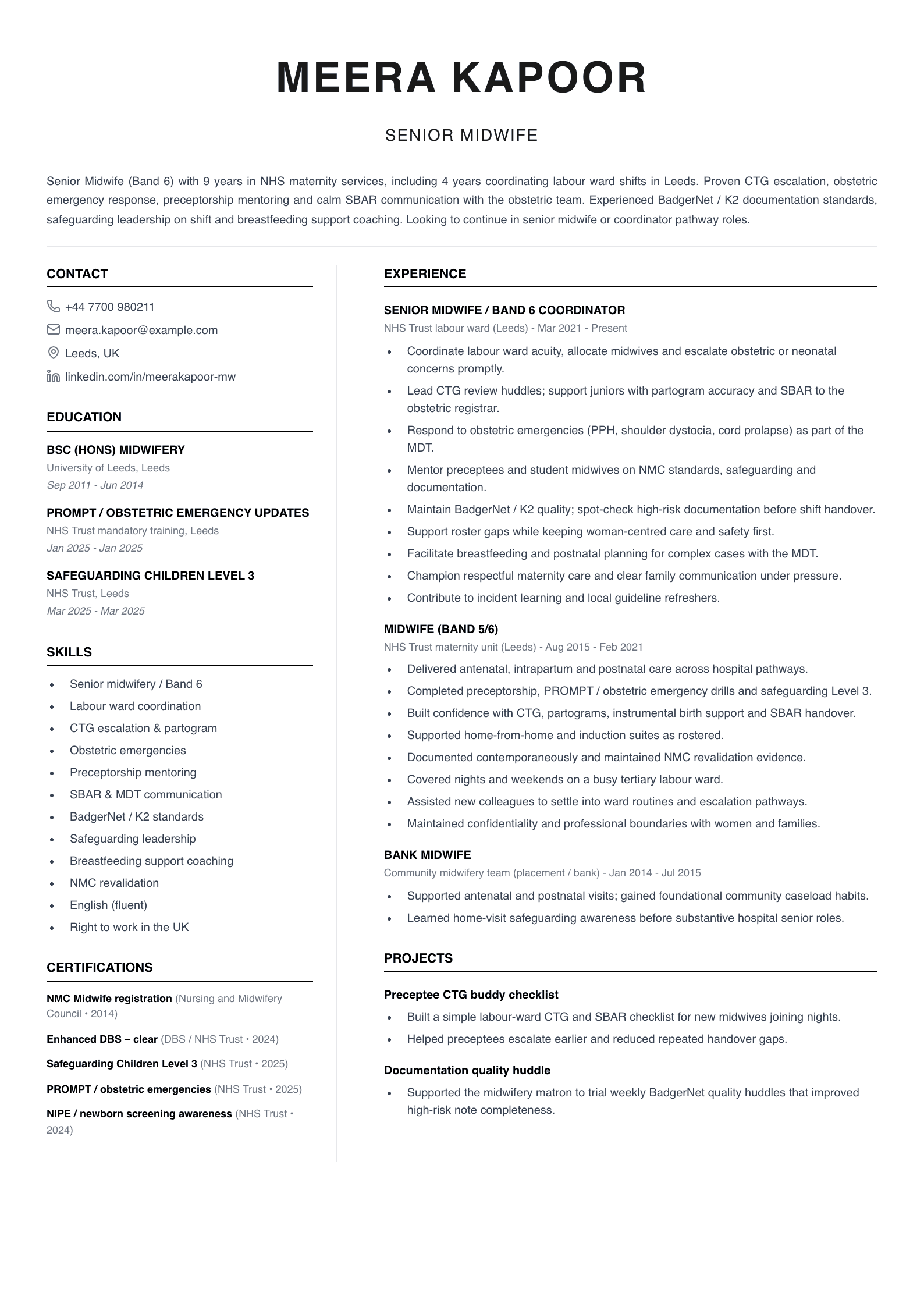 senior midwife cv template