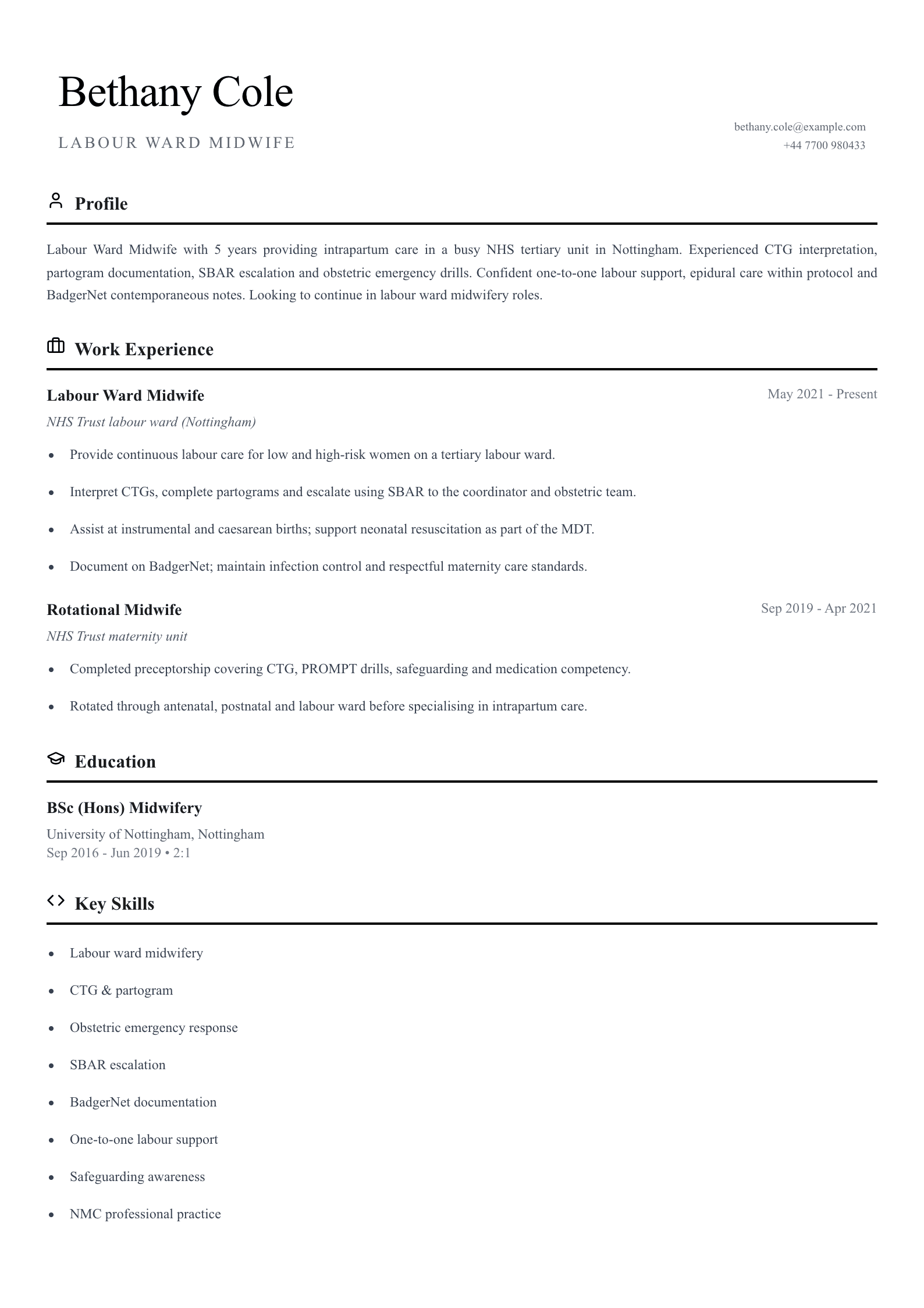 labour ward midwife cv template