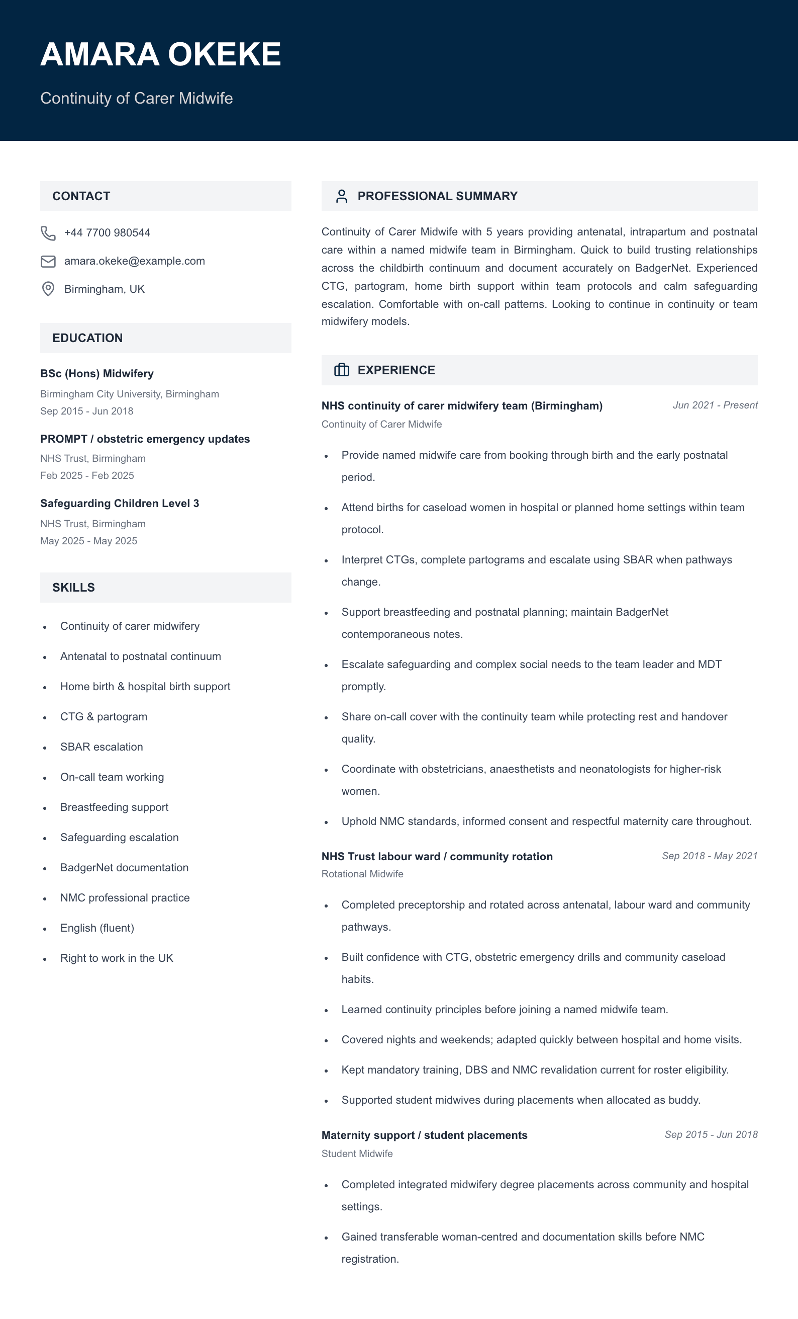 Continuity of carer midwife CV template