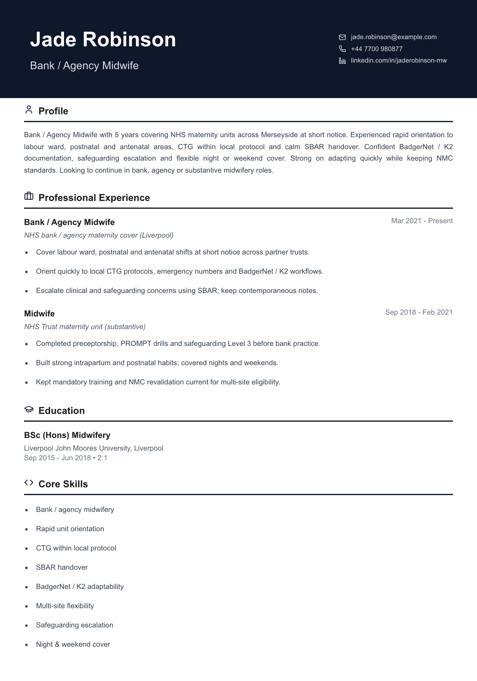 bank agency midwife cv template