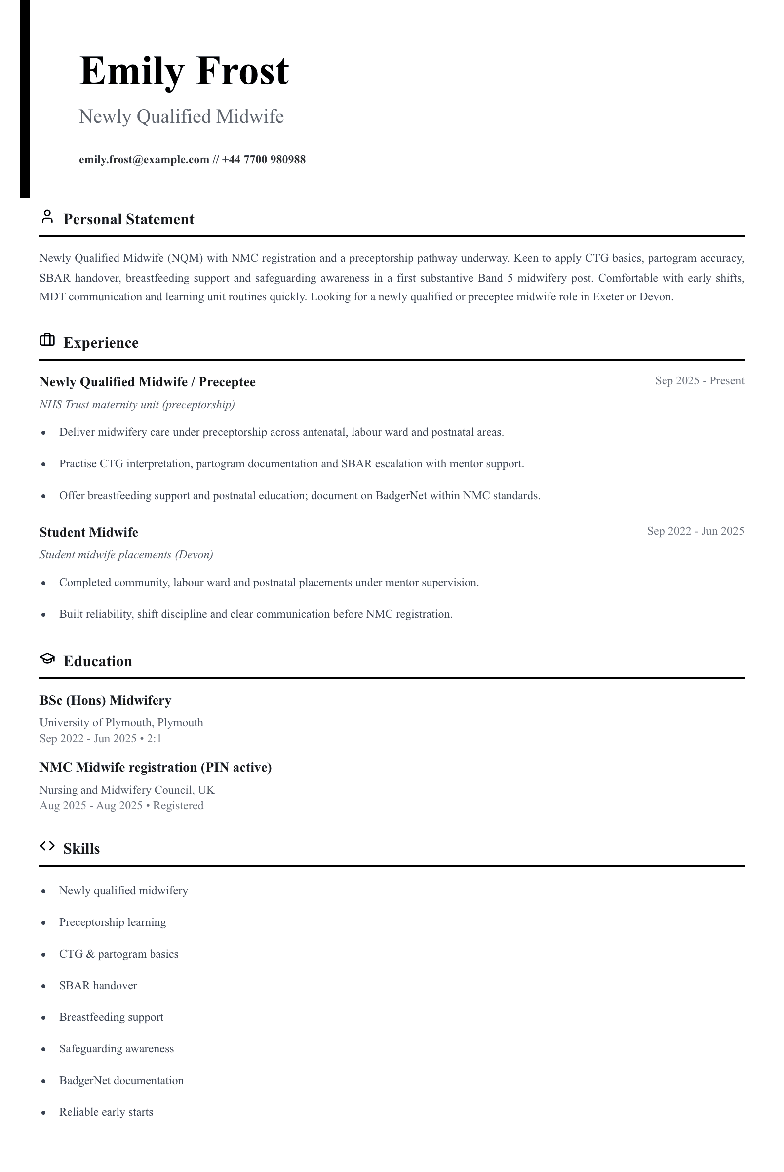 newly qualified midwife cv template