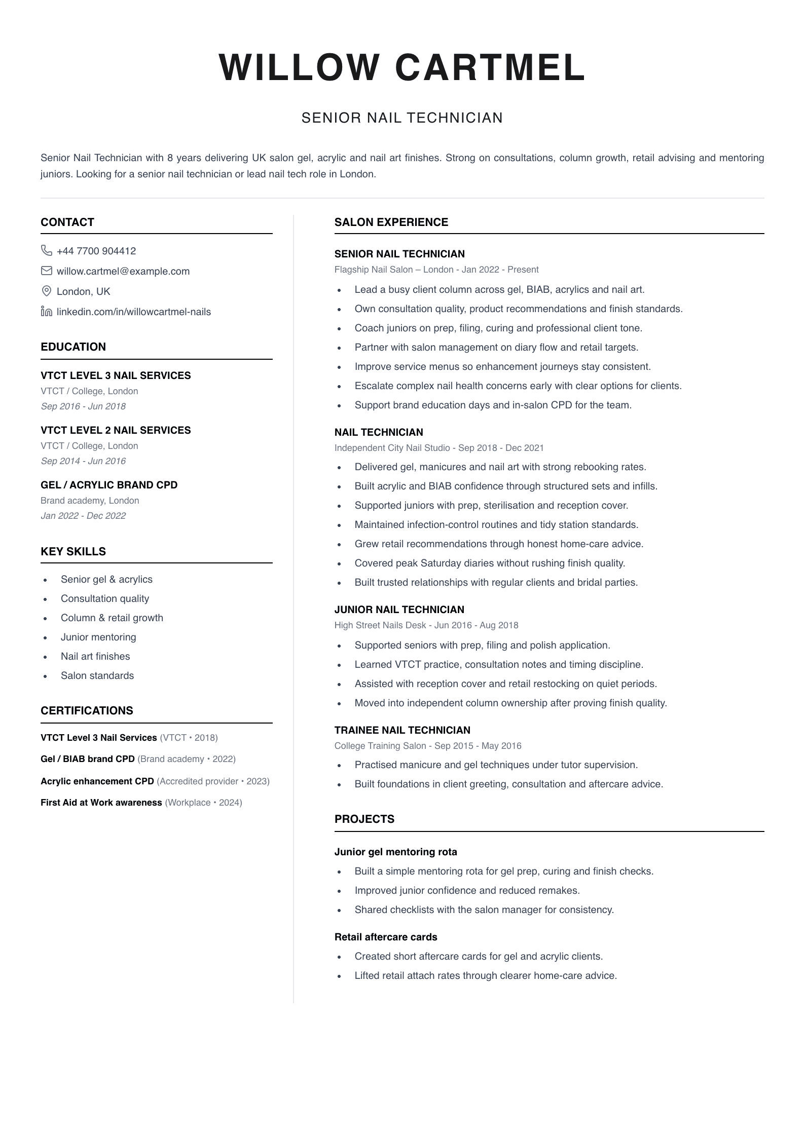 senior nail technician CV template