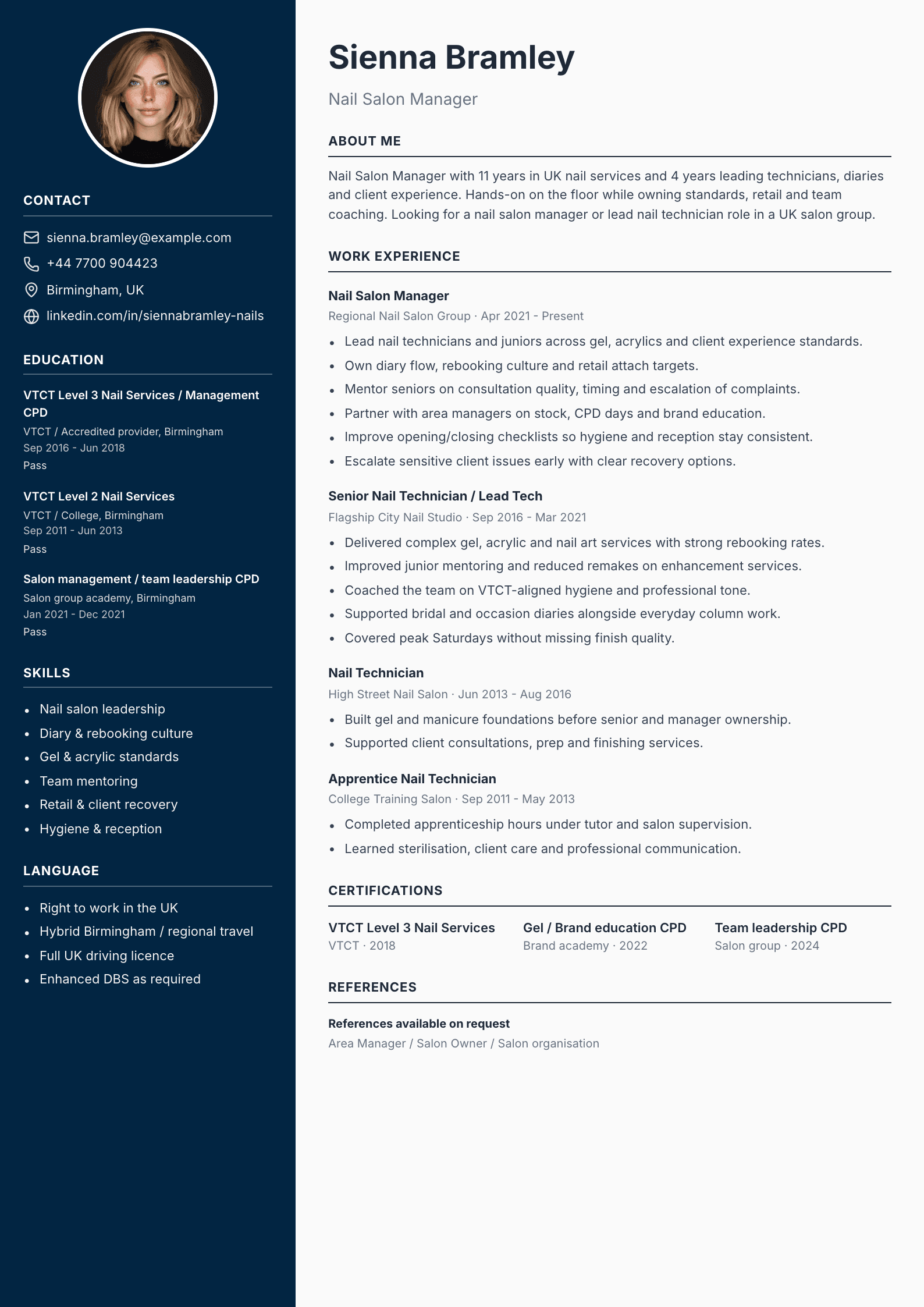 Nail salon manager CV template