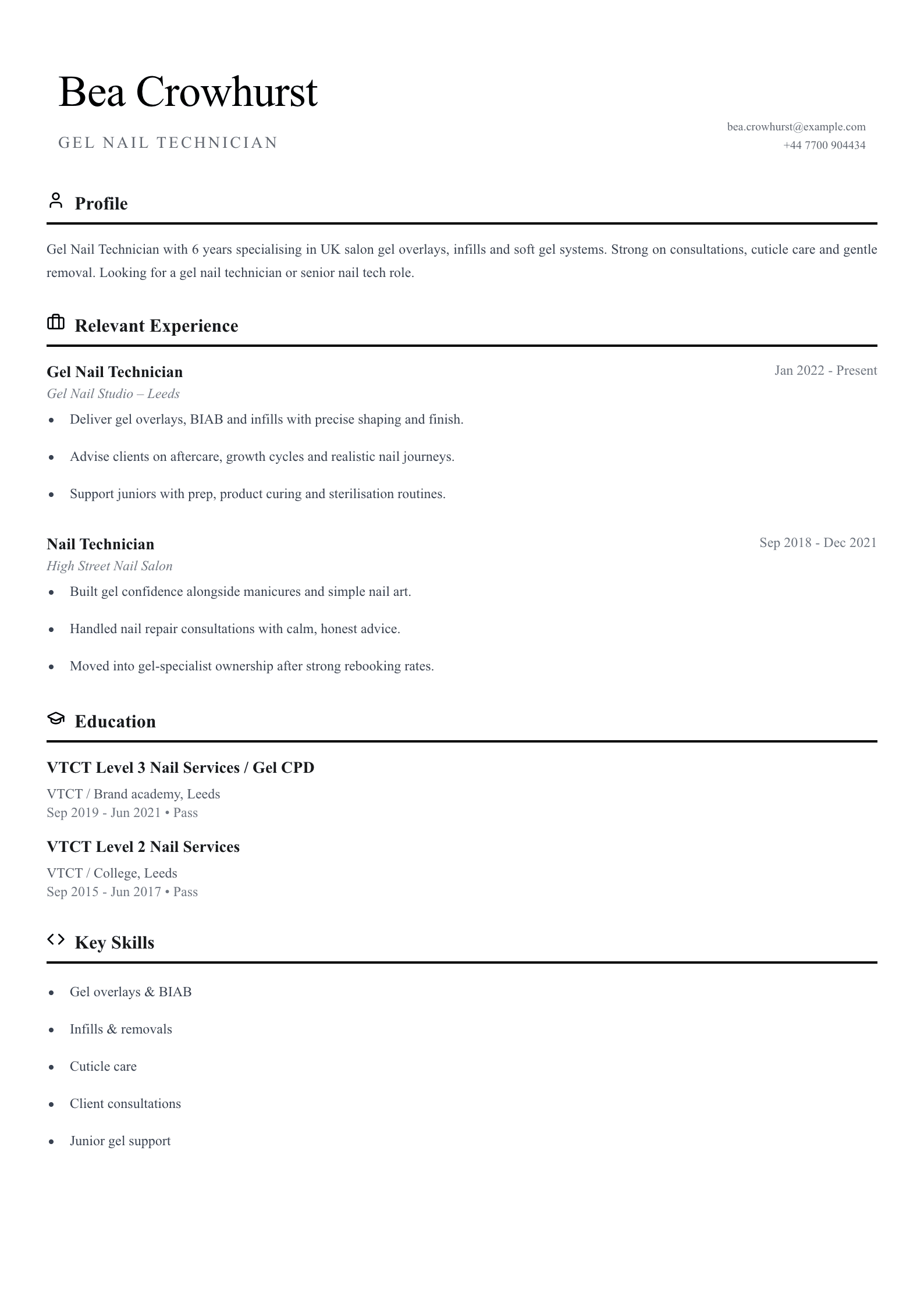 Gel nail technician CV template