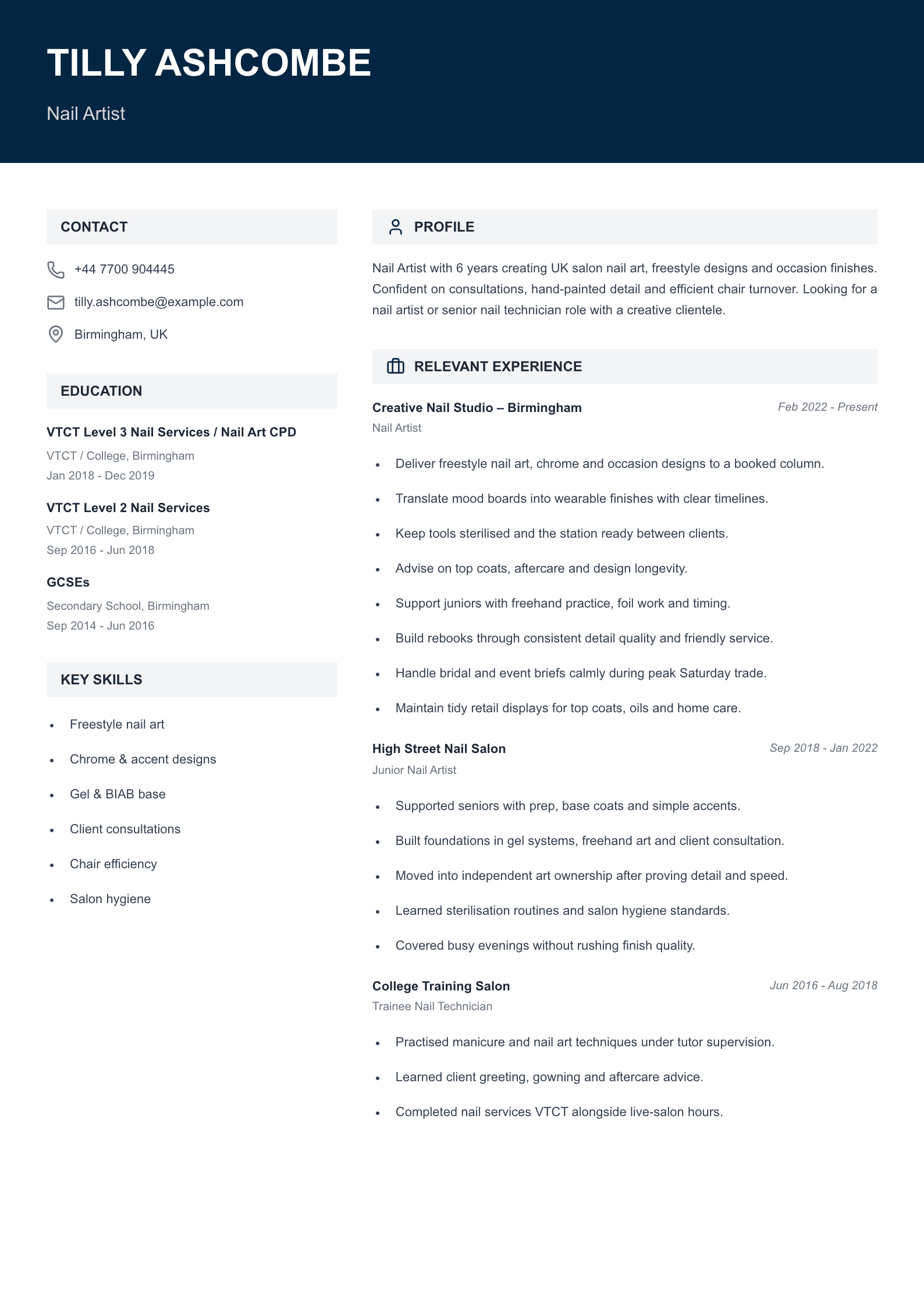 nail artist CV template