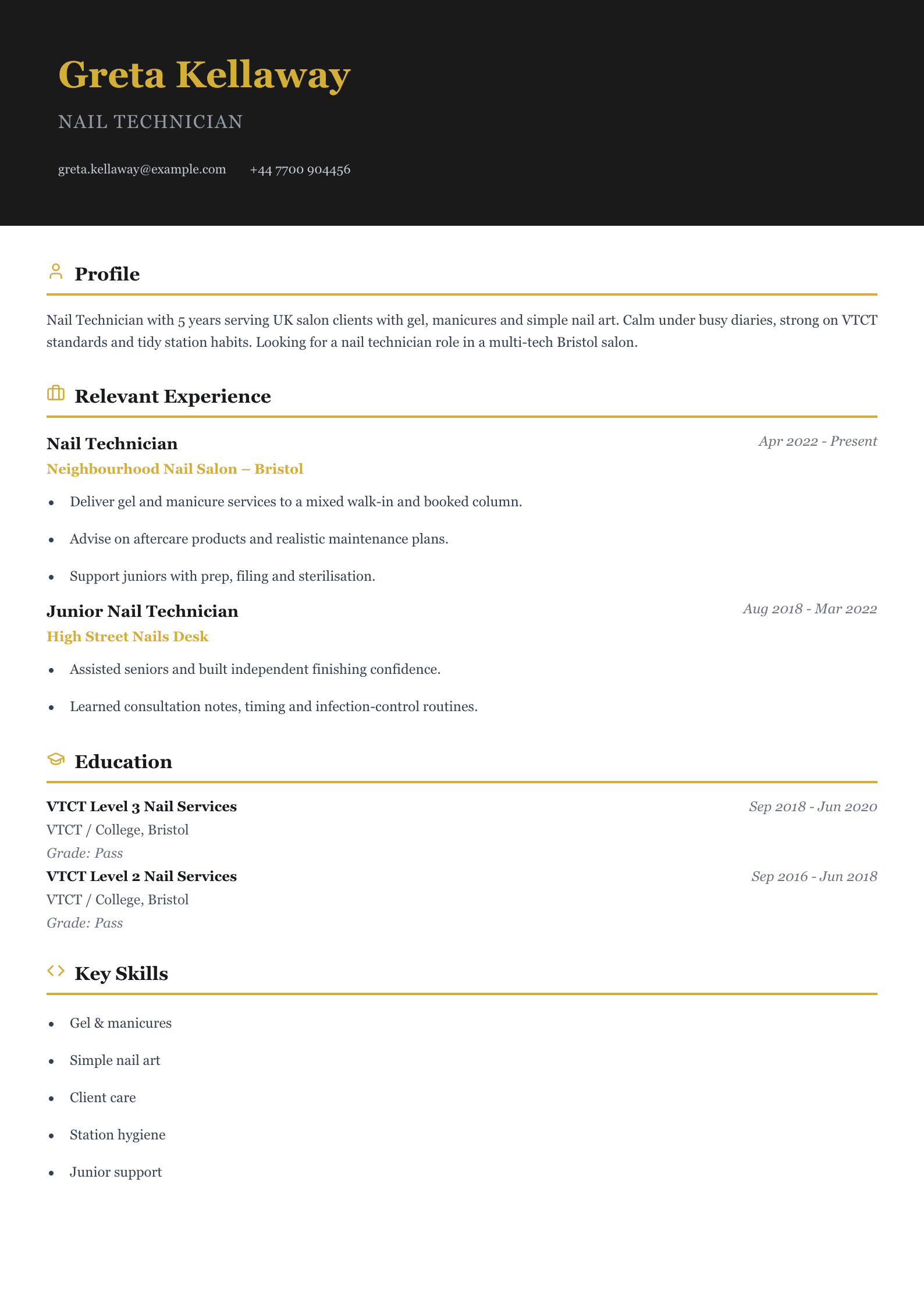 salon nail technician CV template