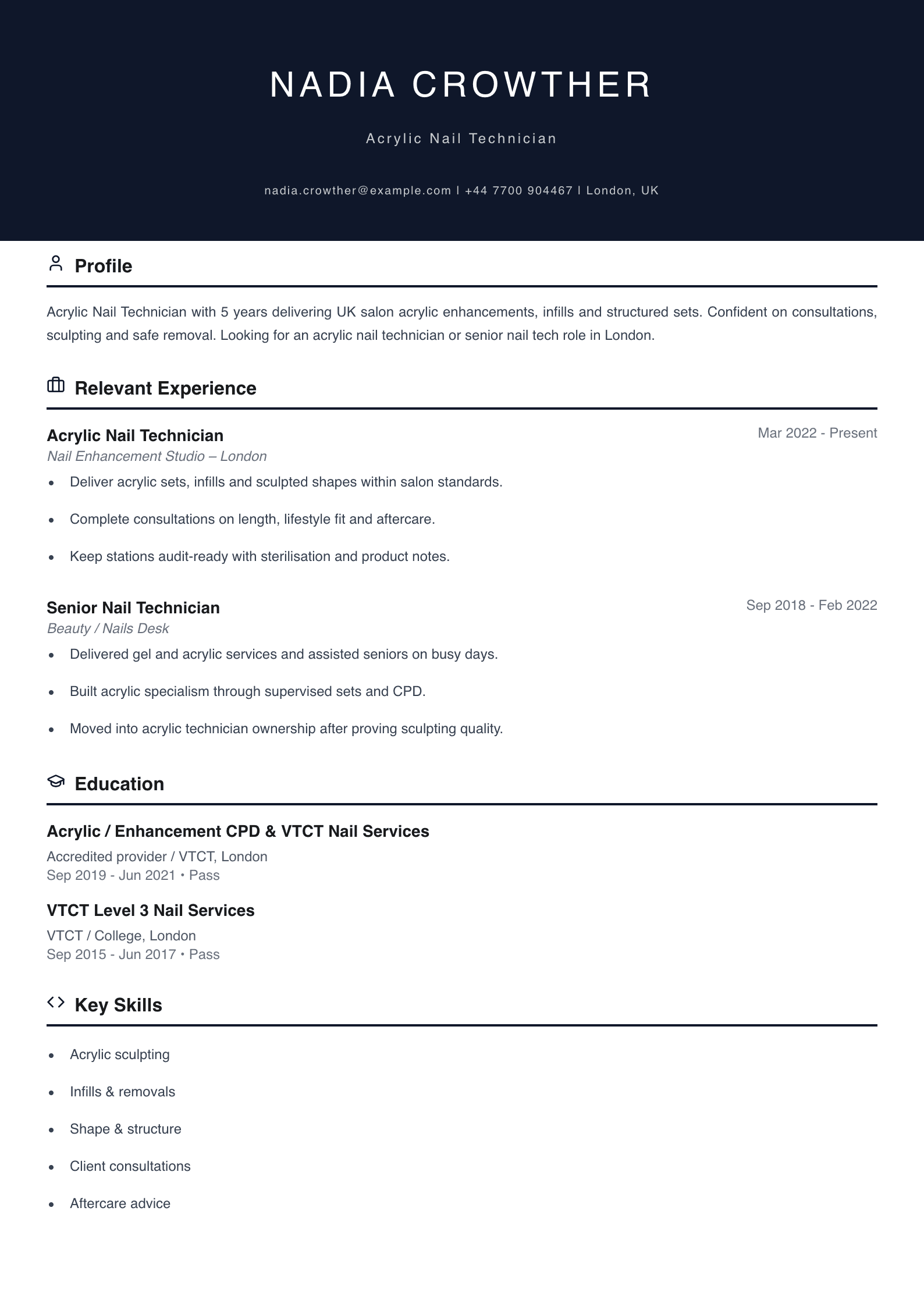 acrylic nail technician CV template