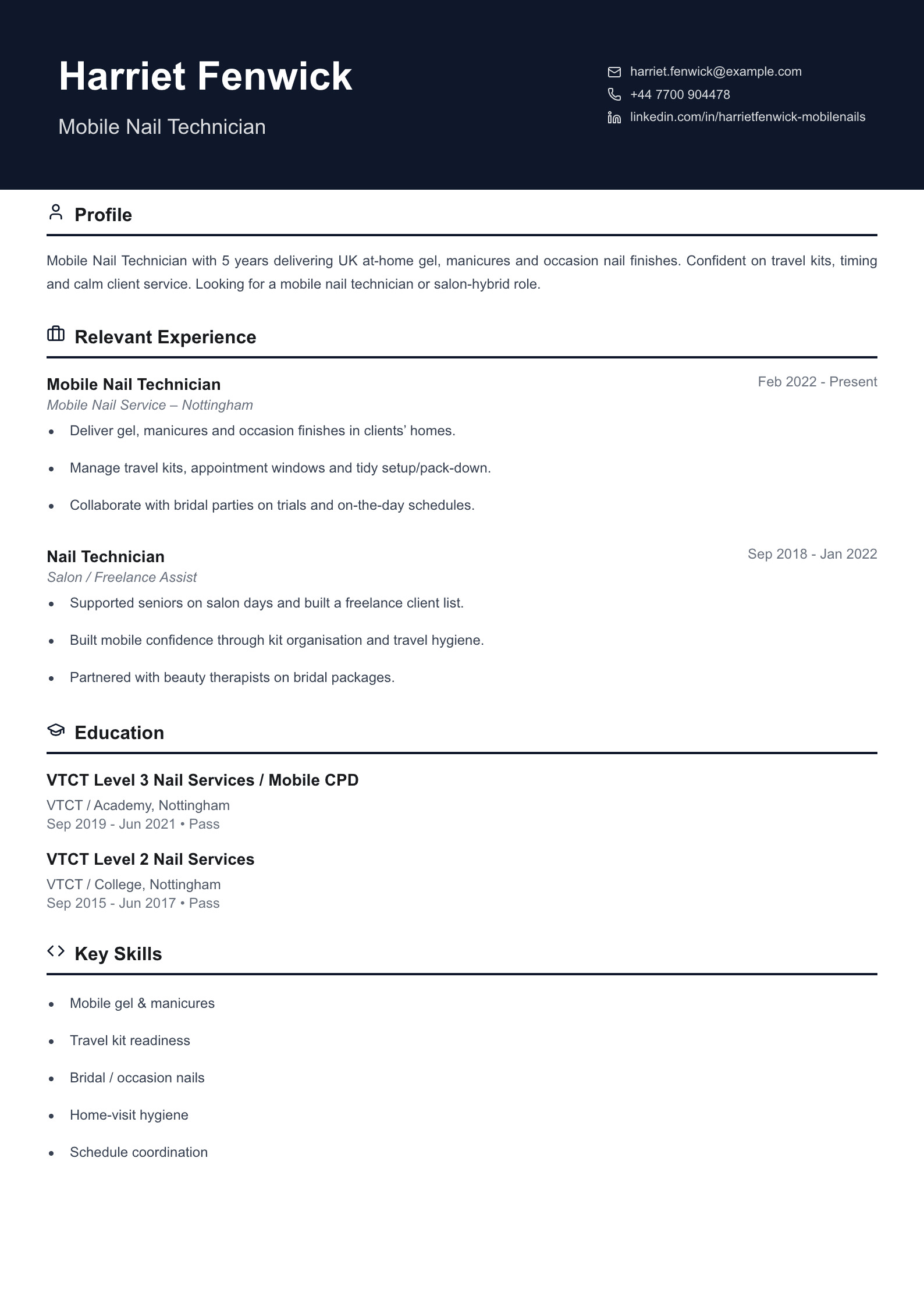 mobile nail technician CV template