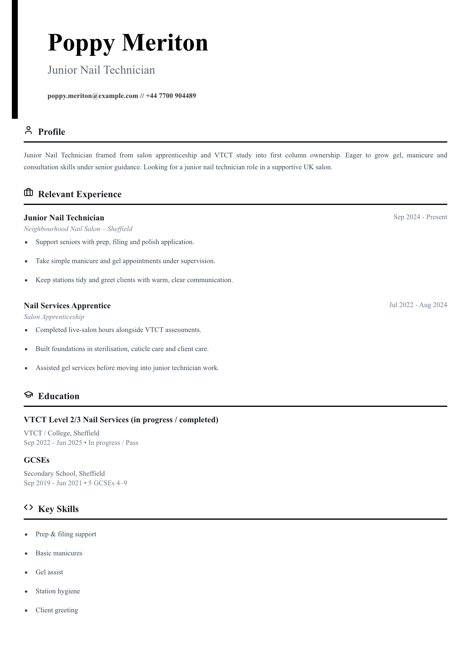 junior nail technician CV template