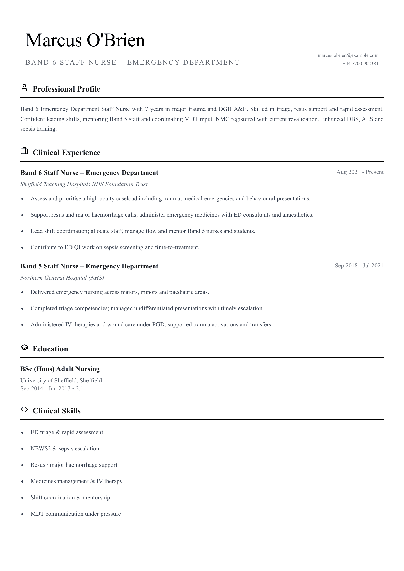 accident and emergency staff nurse cv template