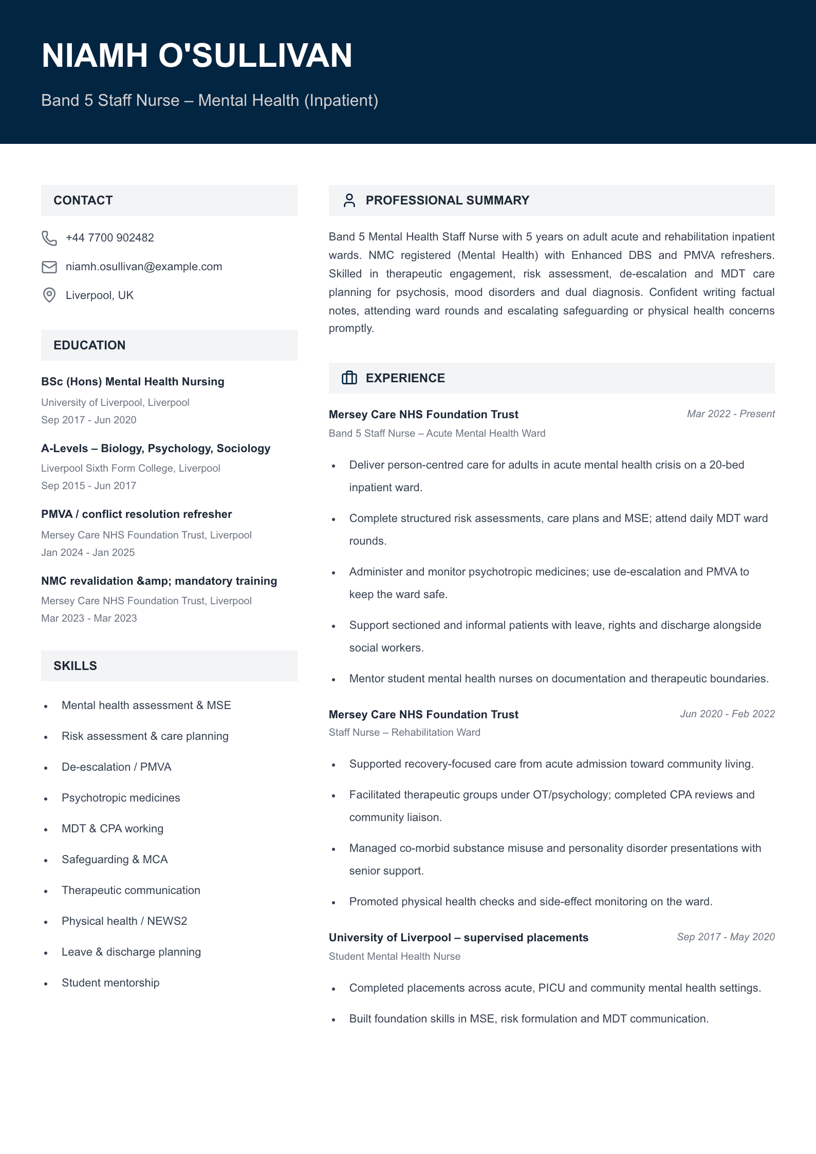 mental health staff nurse cv template