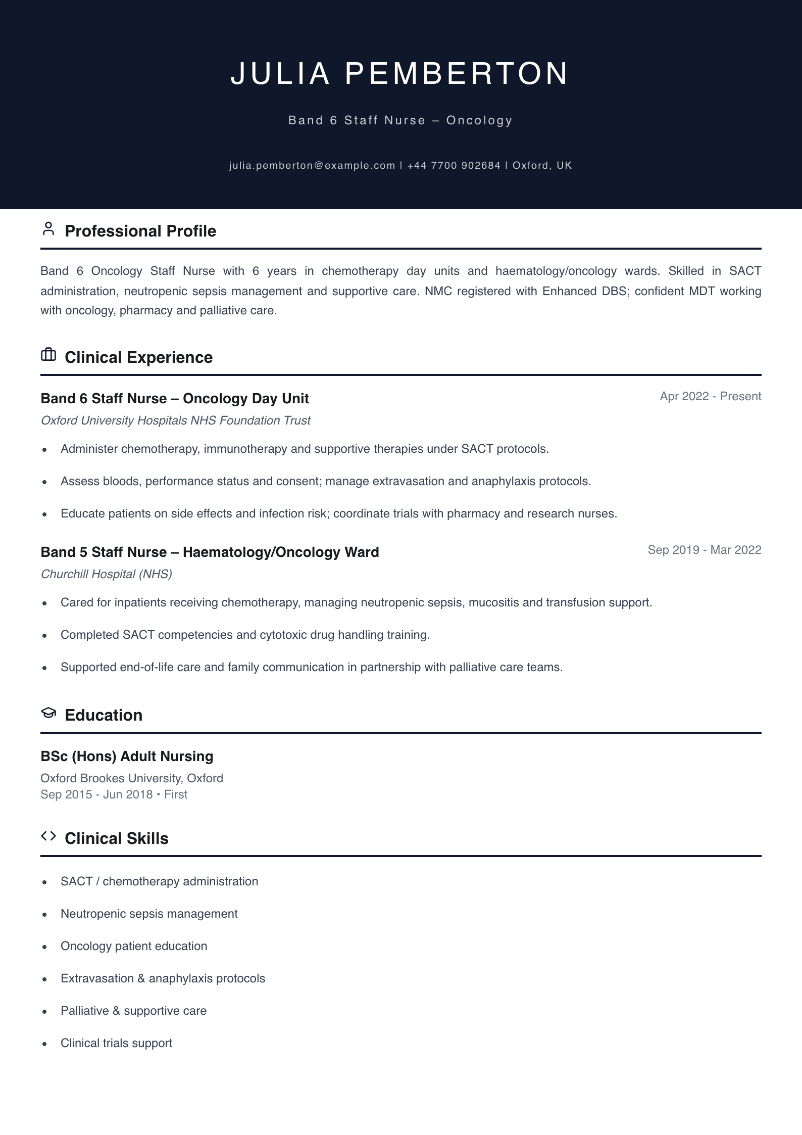 oncology staff nurse cv template