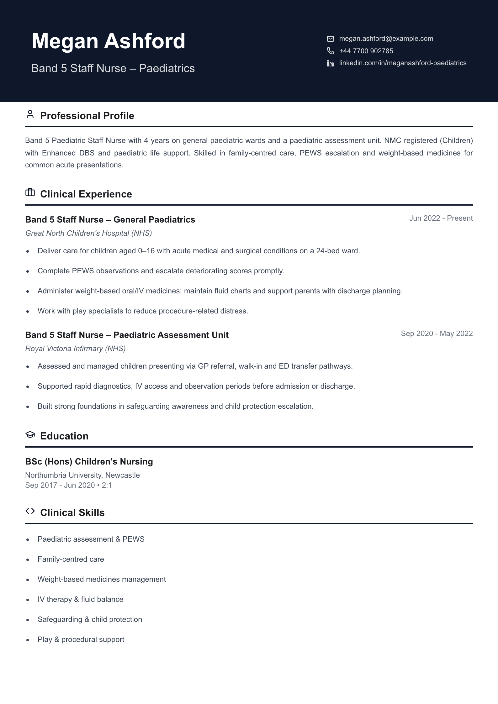 Paediatric staff nurse CV template