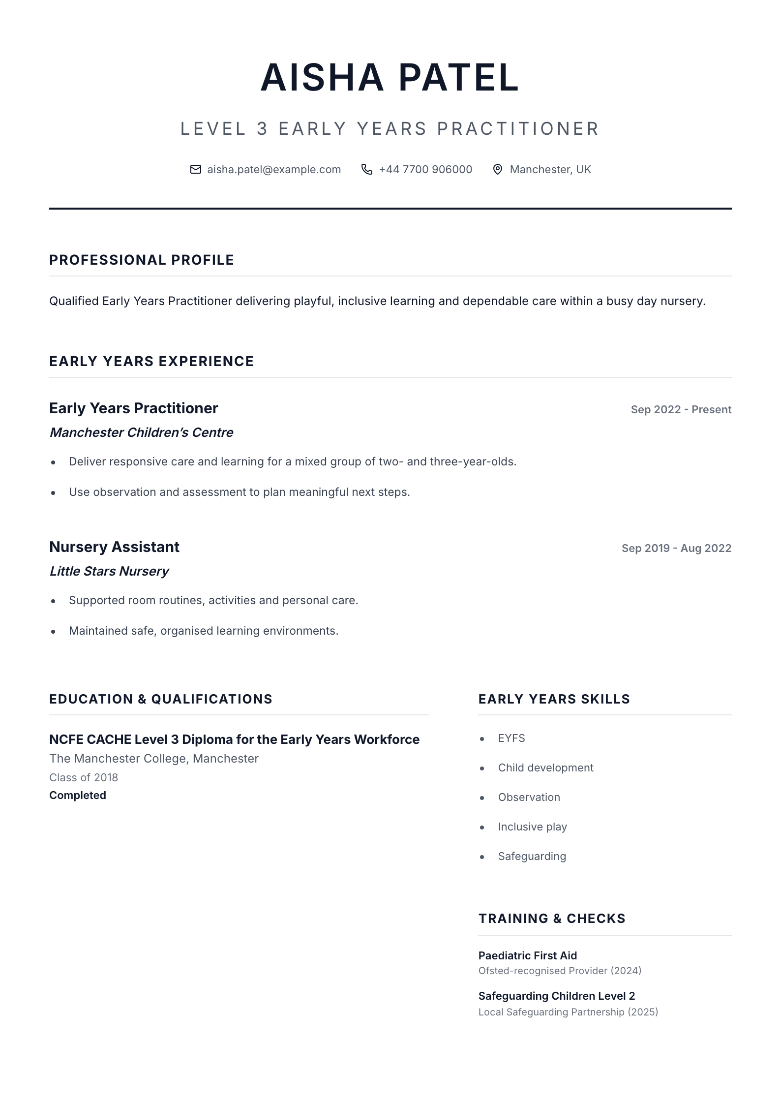 Level 3 Early Years Practitioner CV template