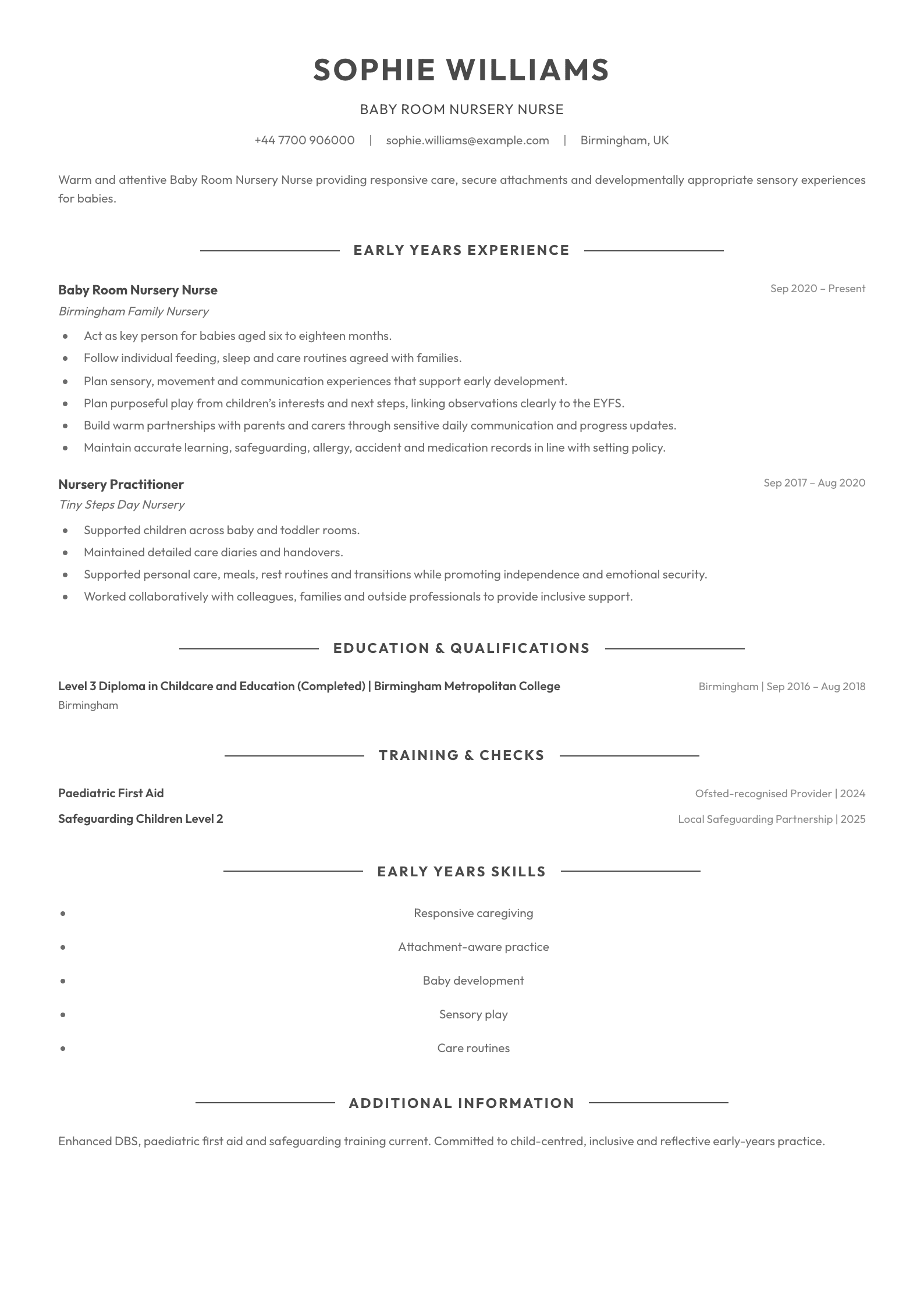 Baby Room Nursery Nurse CV template
