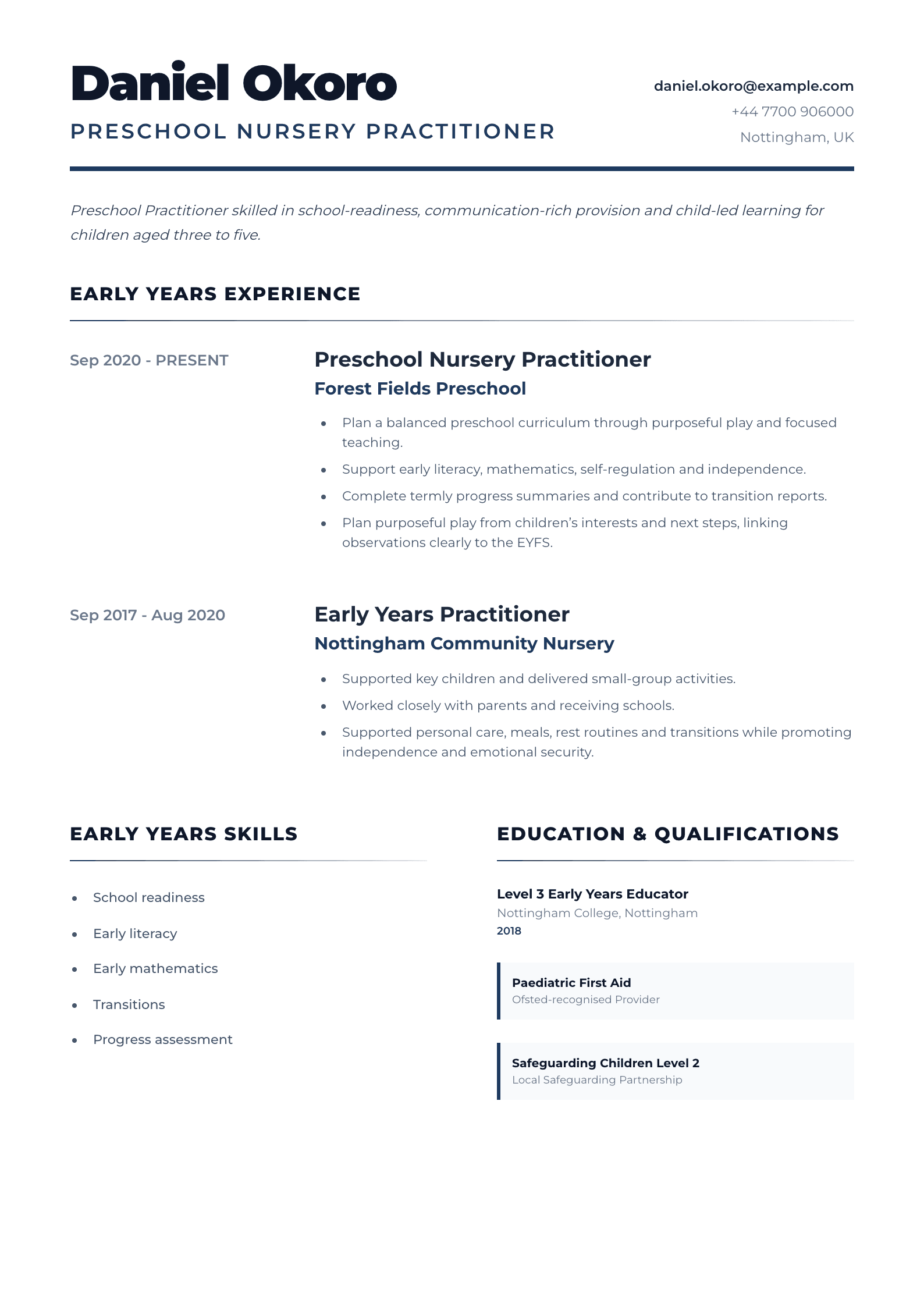 Preschool Nursery Practitioner CV template