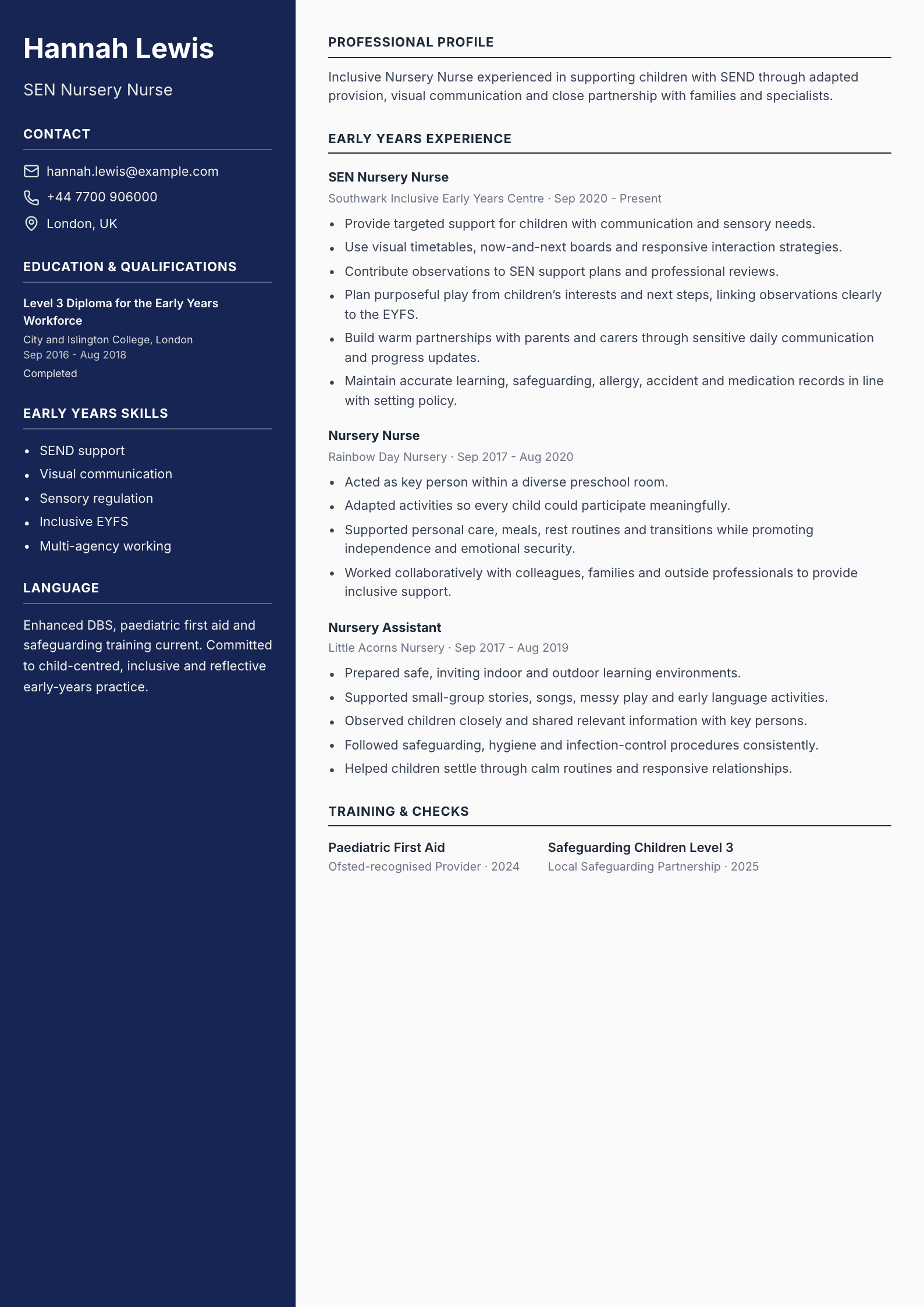 SEN Nursery Nurse CV template