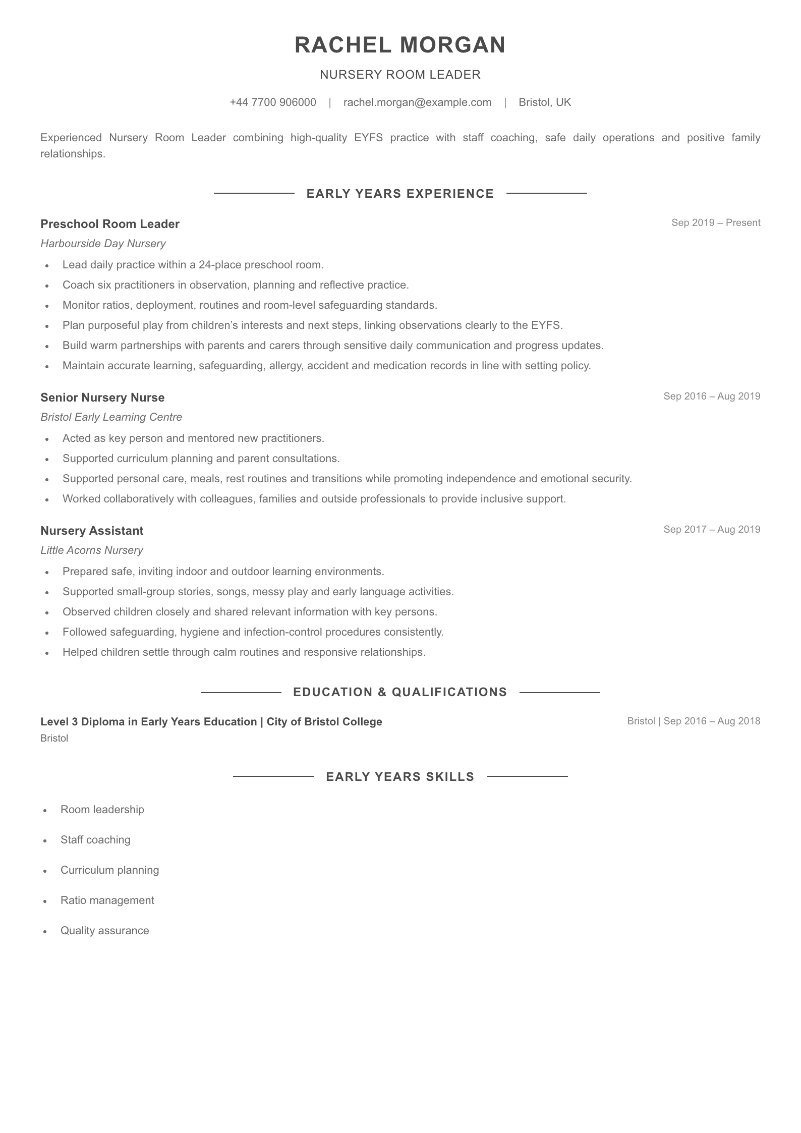 Nursery Room Leader CV template
