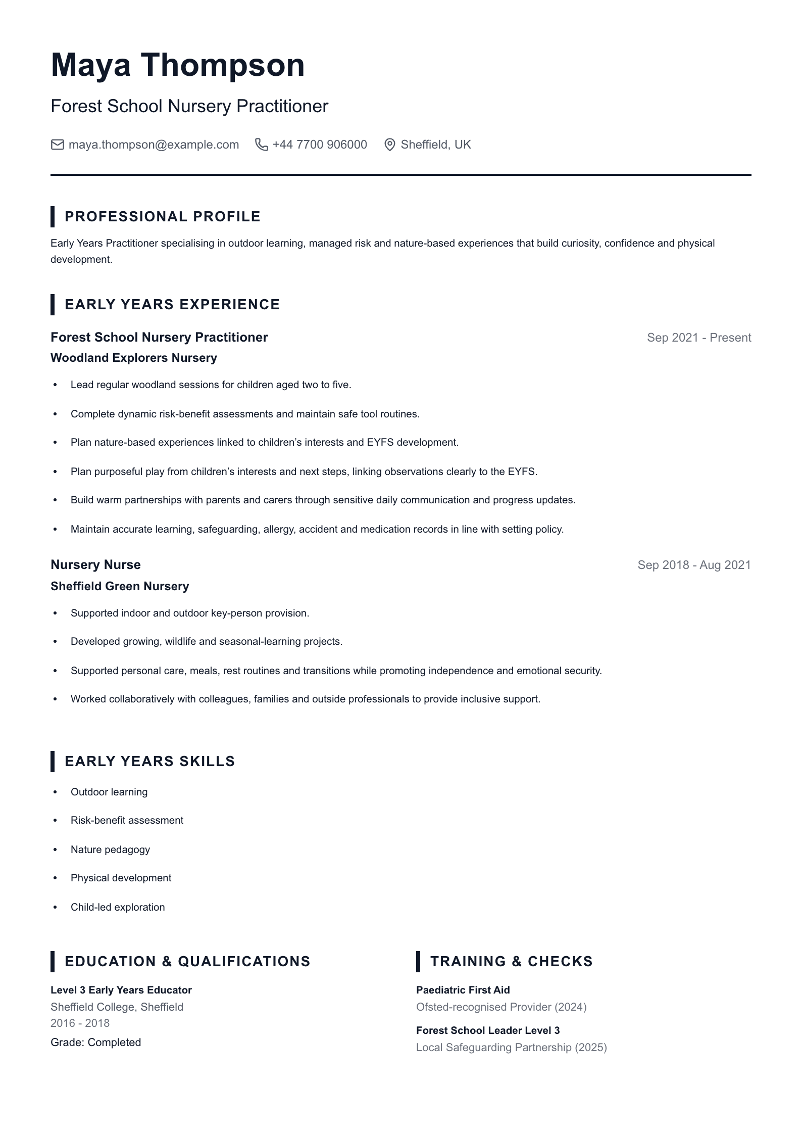 Forest School Nursery Practitioner CV template
