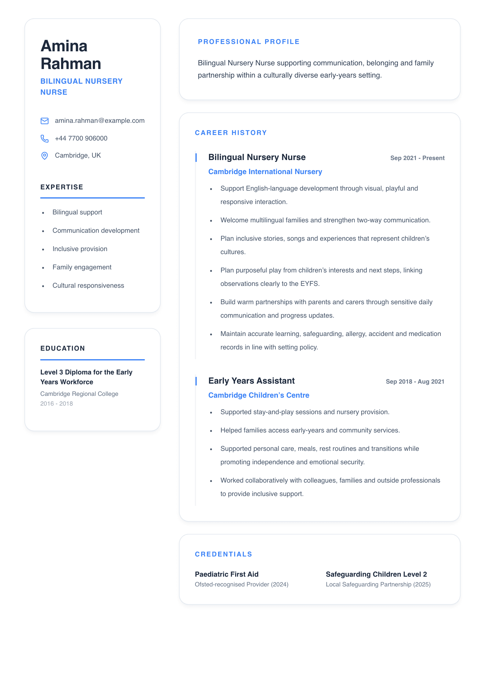 Bilingual Nursery Nurse CV template