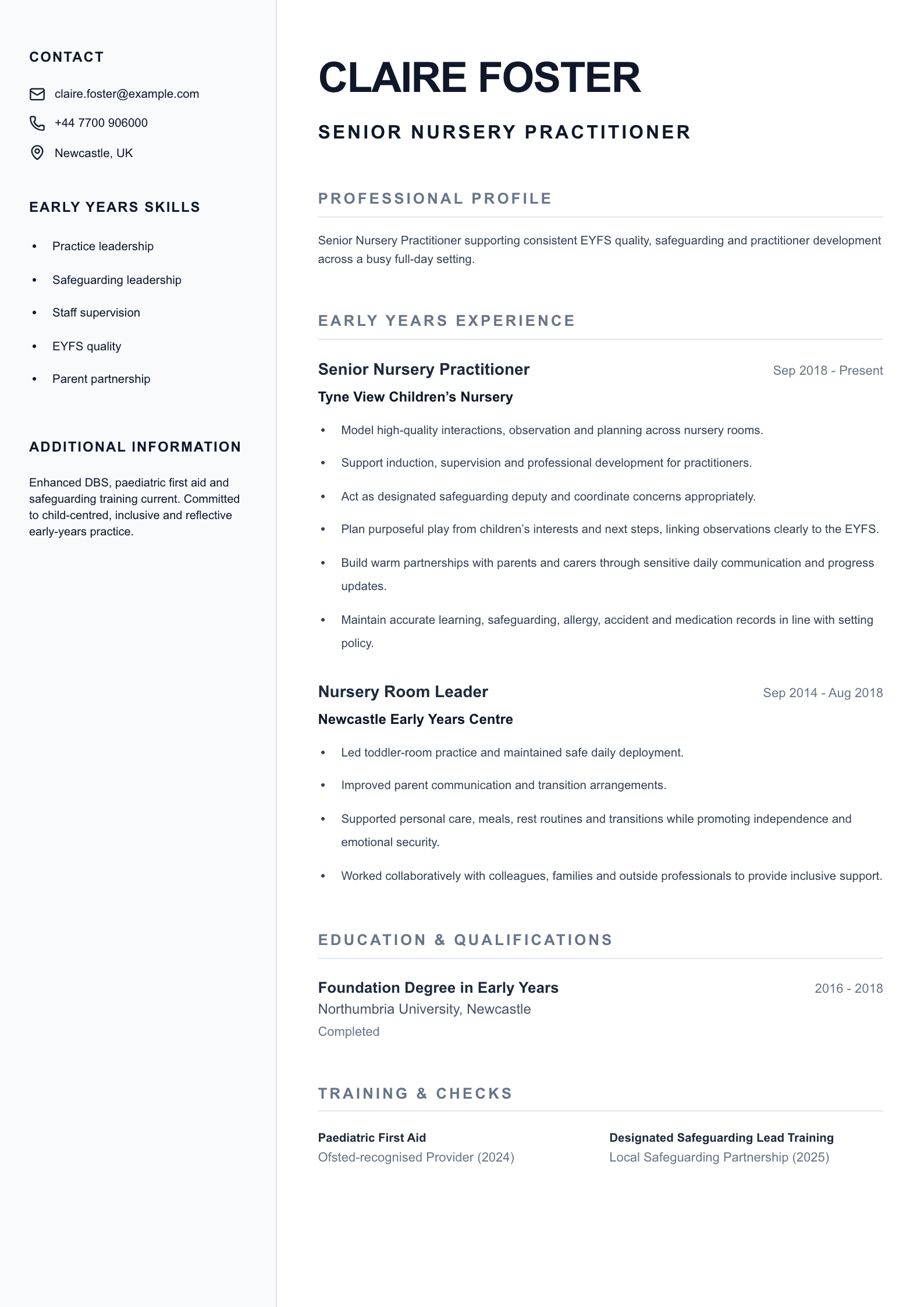 Senior Nursery Practitioner CV template