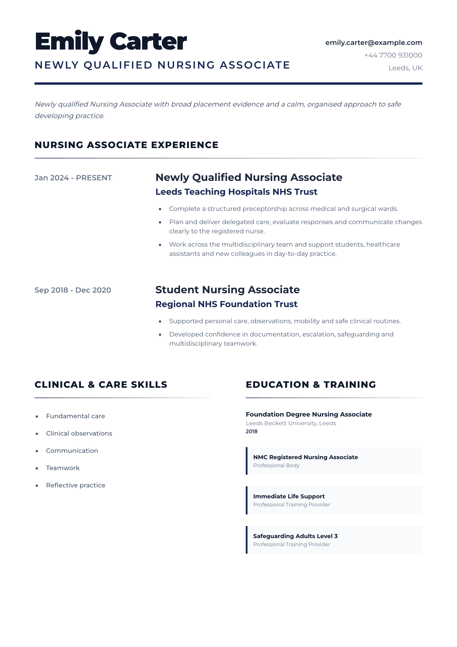 Newly Qualified Nursing Associate CV template