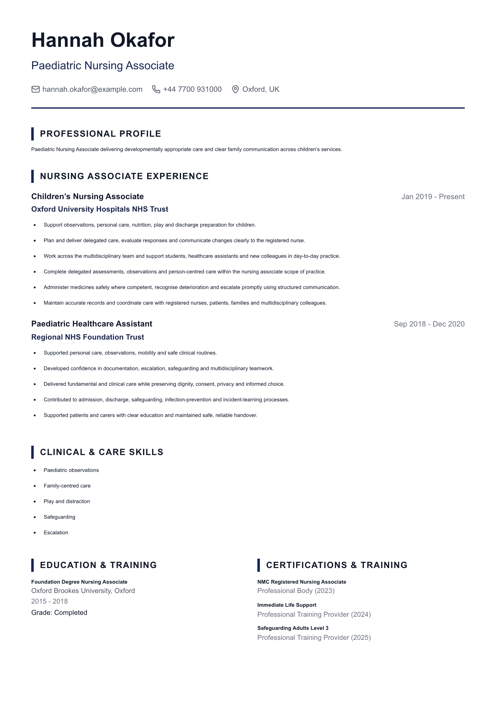 Paediatric Nursing Associate CV template