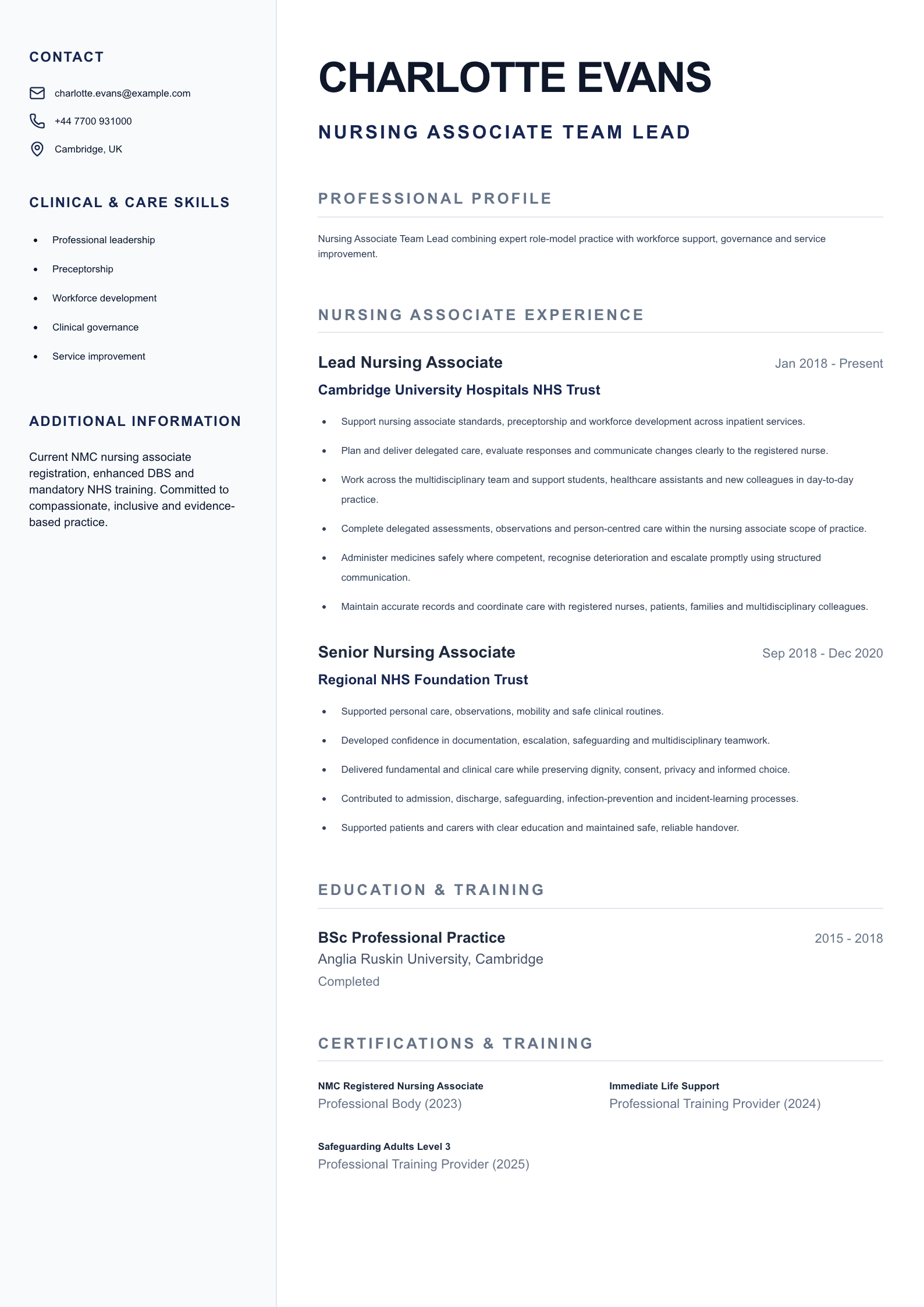 Nursing Associate Team Lead CV template