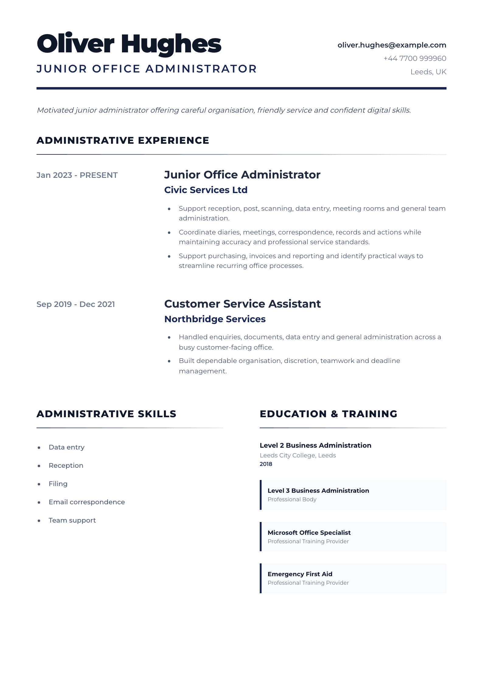 Junior Office Administrator CV template
