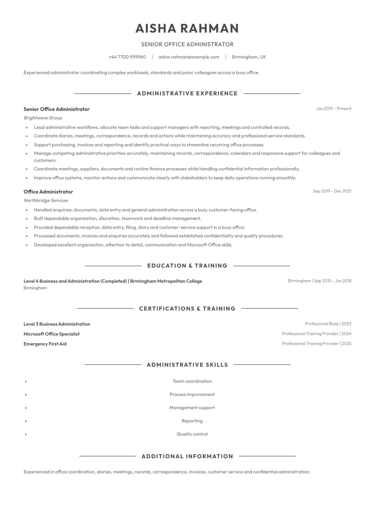 Senior Office Administrator CV template
