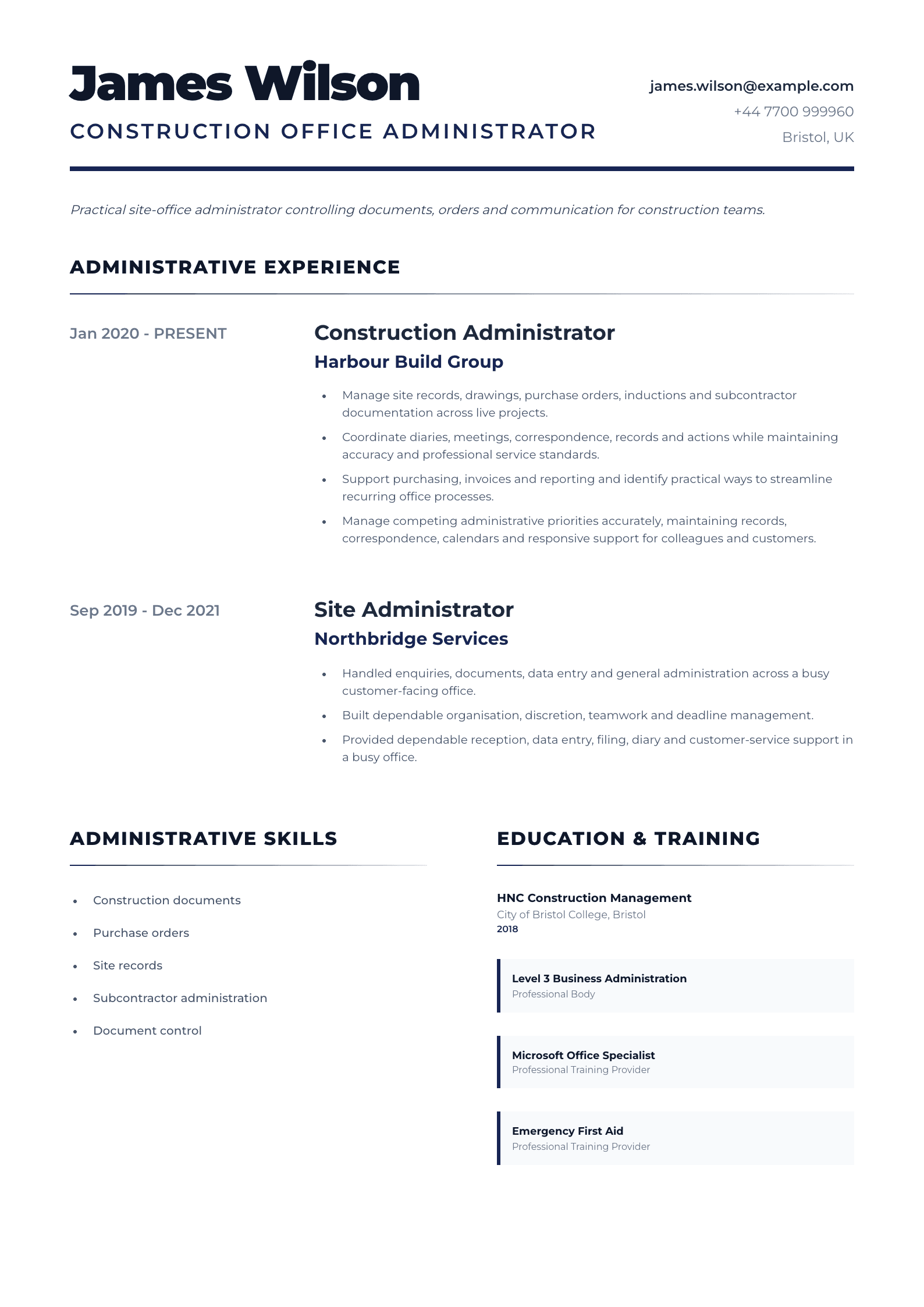 Construction Administrator CV template